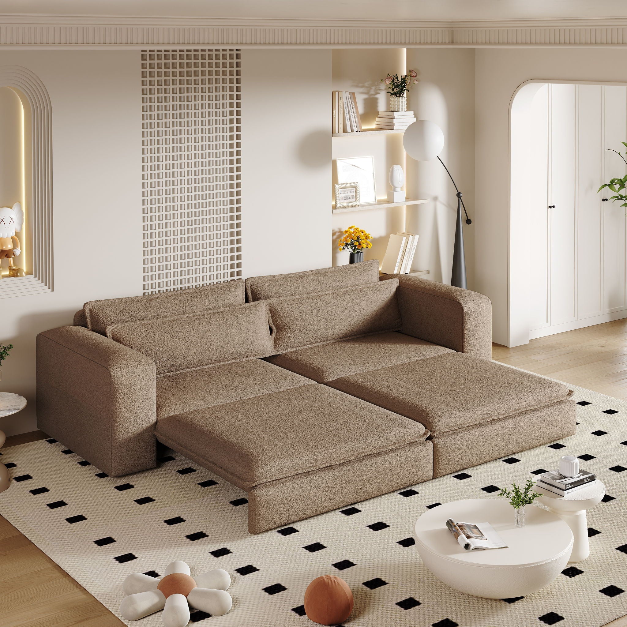 King Size Sleeper Pull Out Sofa Bed, 3 In 1 Convertible Chaise Lounge With 2 Pillows For Living Room - Camel