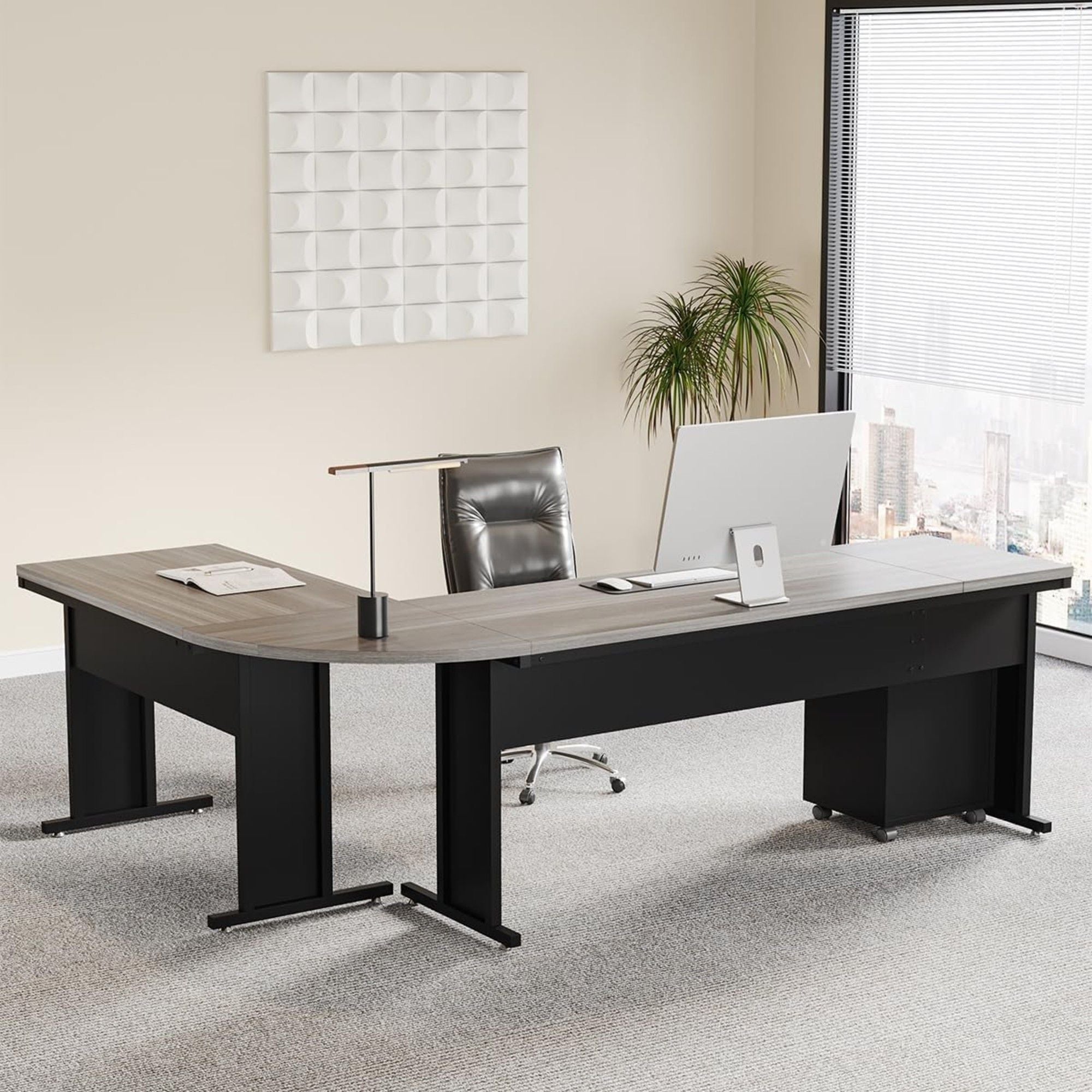 L-Shaped Executive Desk With Reversible Design, 3 Drawer Mobile File Cabinet For Home Office Workstation - Gray / Black