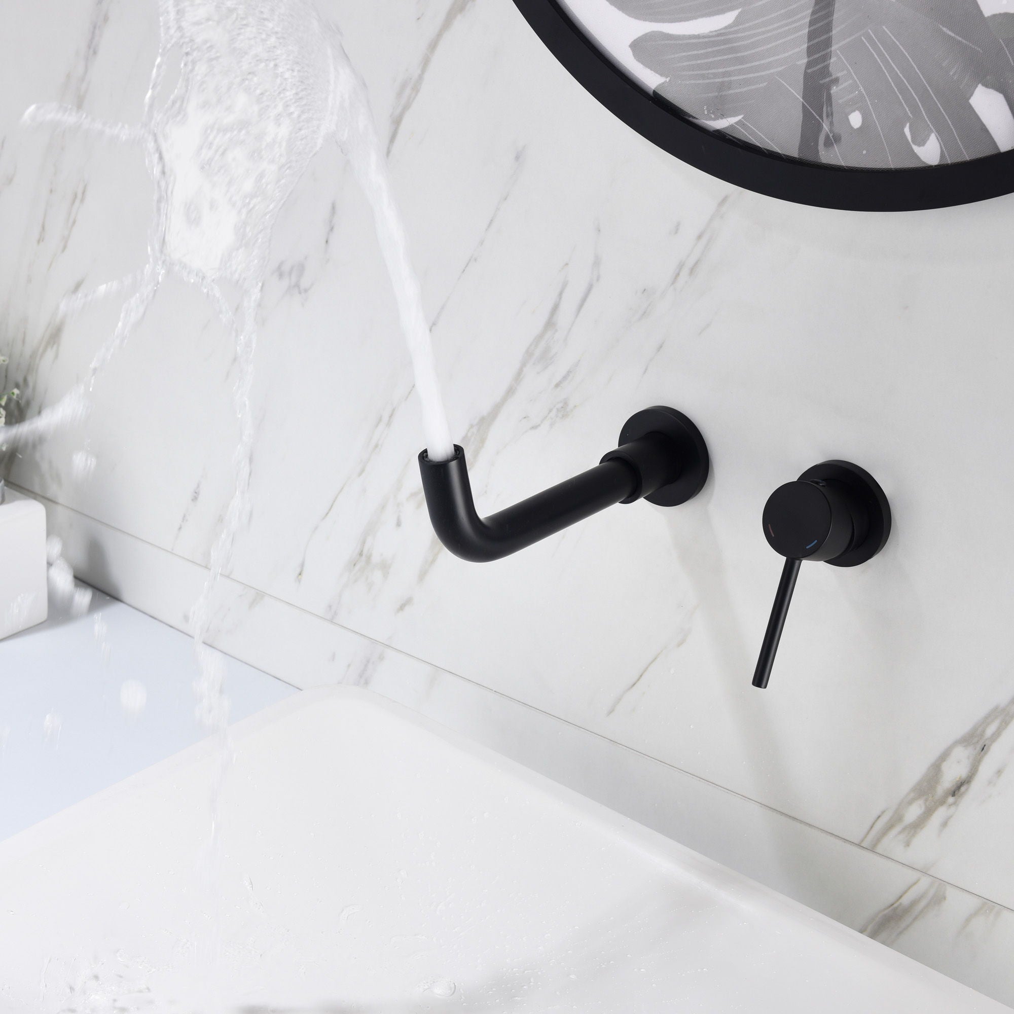 Modern Wall Mount Single Handle Bathroom Sink Faucet, Curved Spout - Matte Black Brass