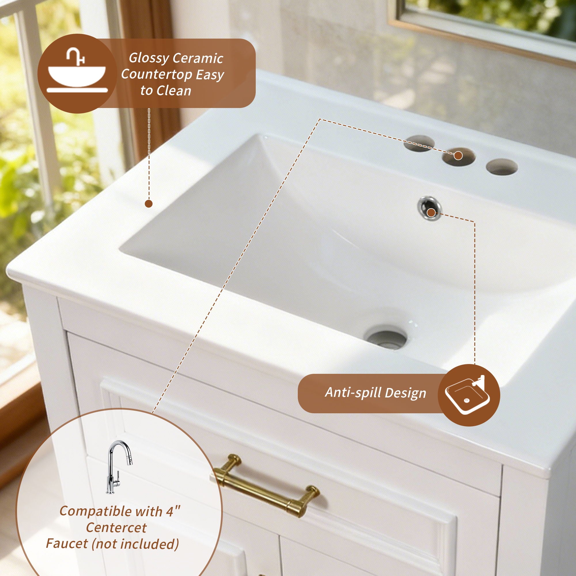 Bathroom Vanity With Integrated Sink, 2 Door Cabinet With Tip Out Drawer, Rectangular Design