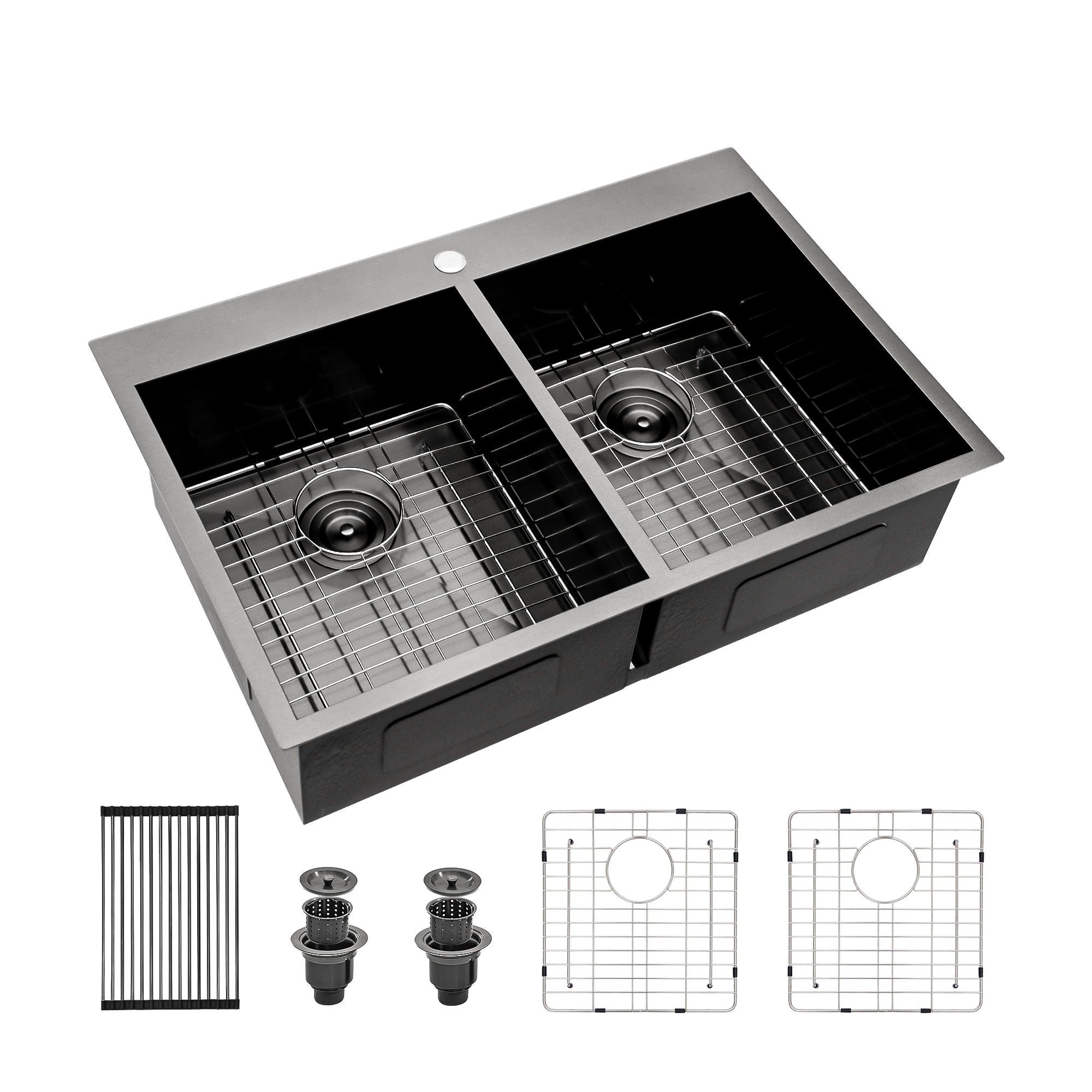 Double Bowl Drop In Kitchen Sink, 16 Gauge Stainless Steel With 2 9" Deep Basins - Gunmetal Black