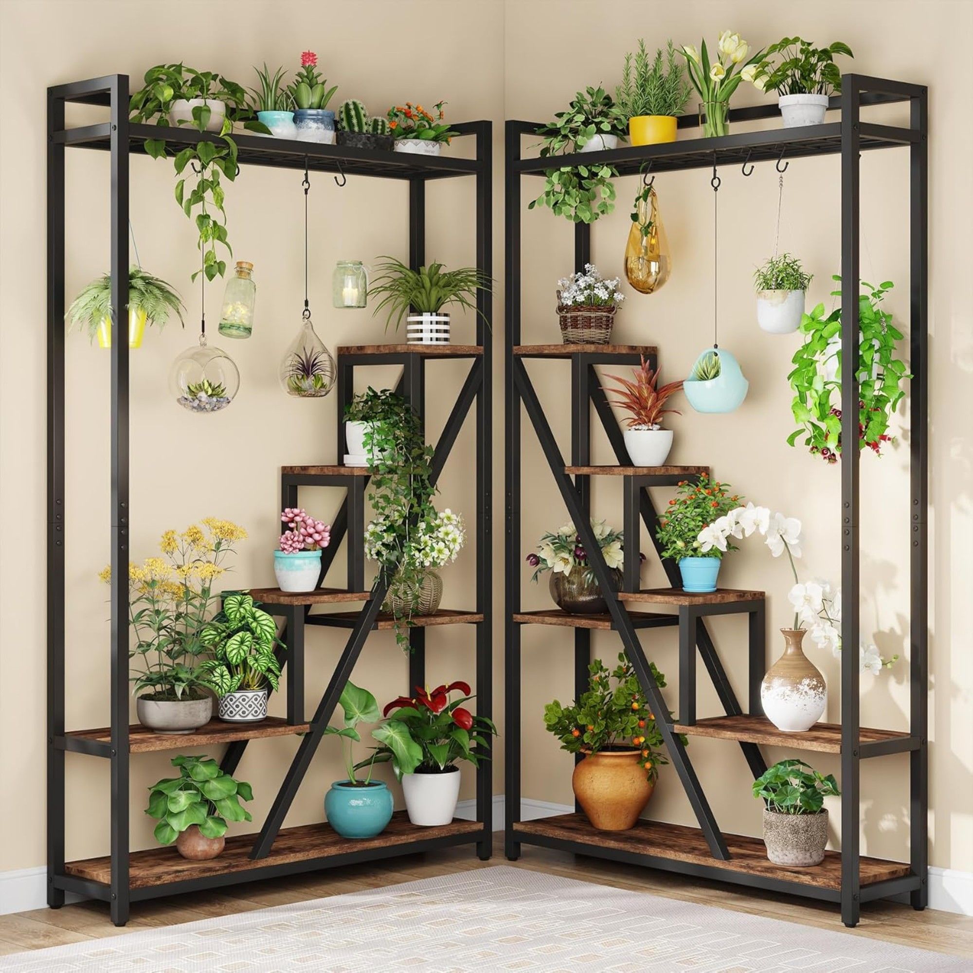 7 Tier Indoor Plant Stand With 5 S-Hooks - Brown / Black