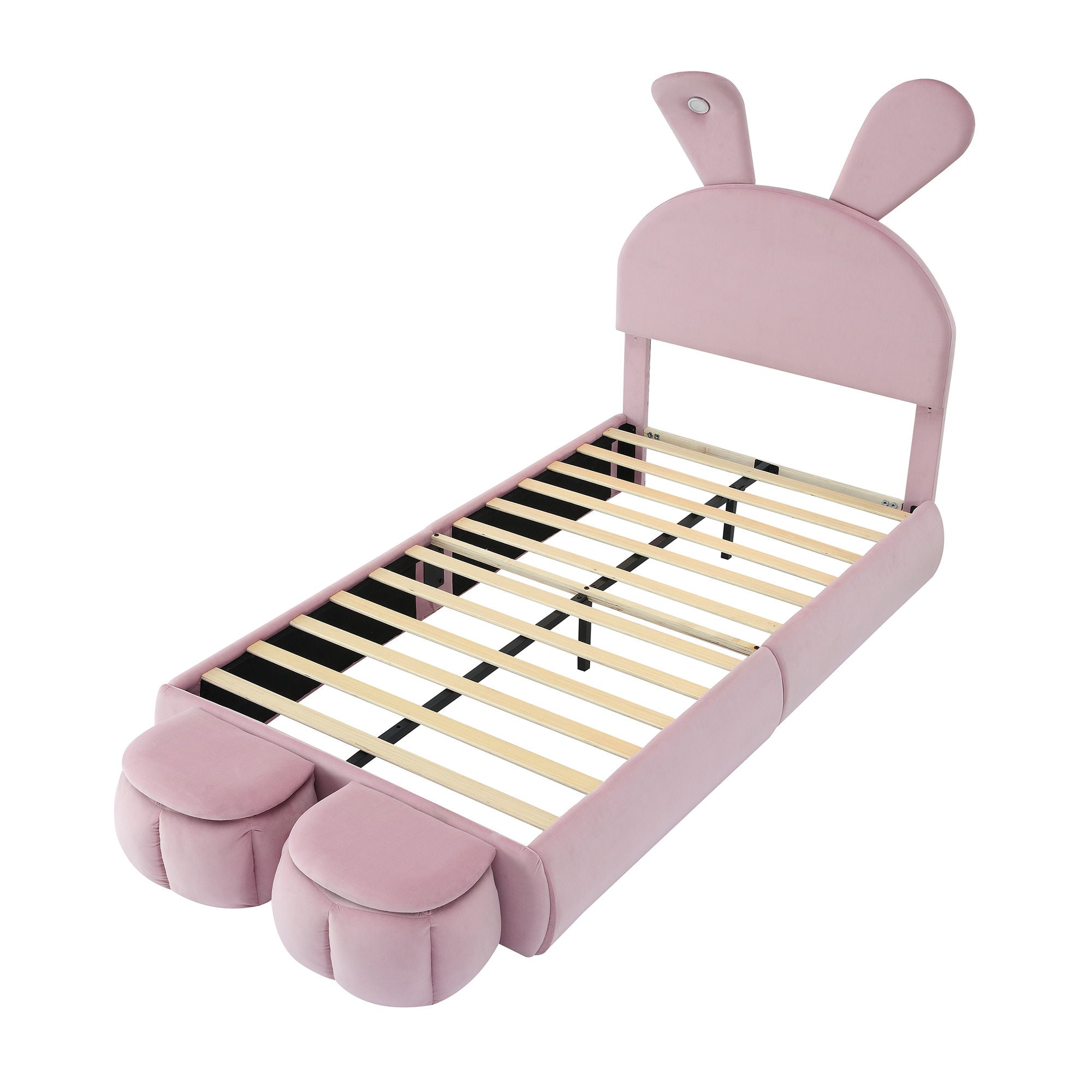 Upholstered Platform Bed With Cartoon Ears Shaped Headboard And LED Light