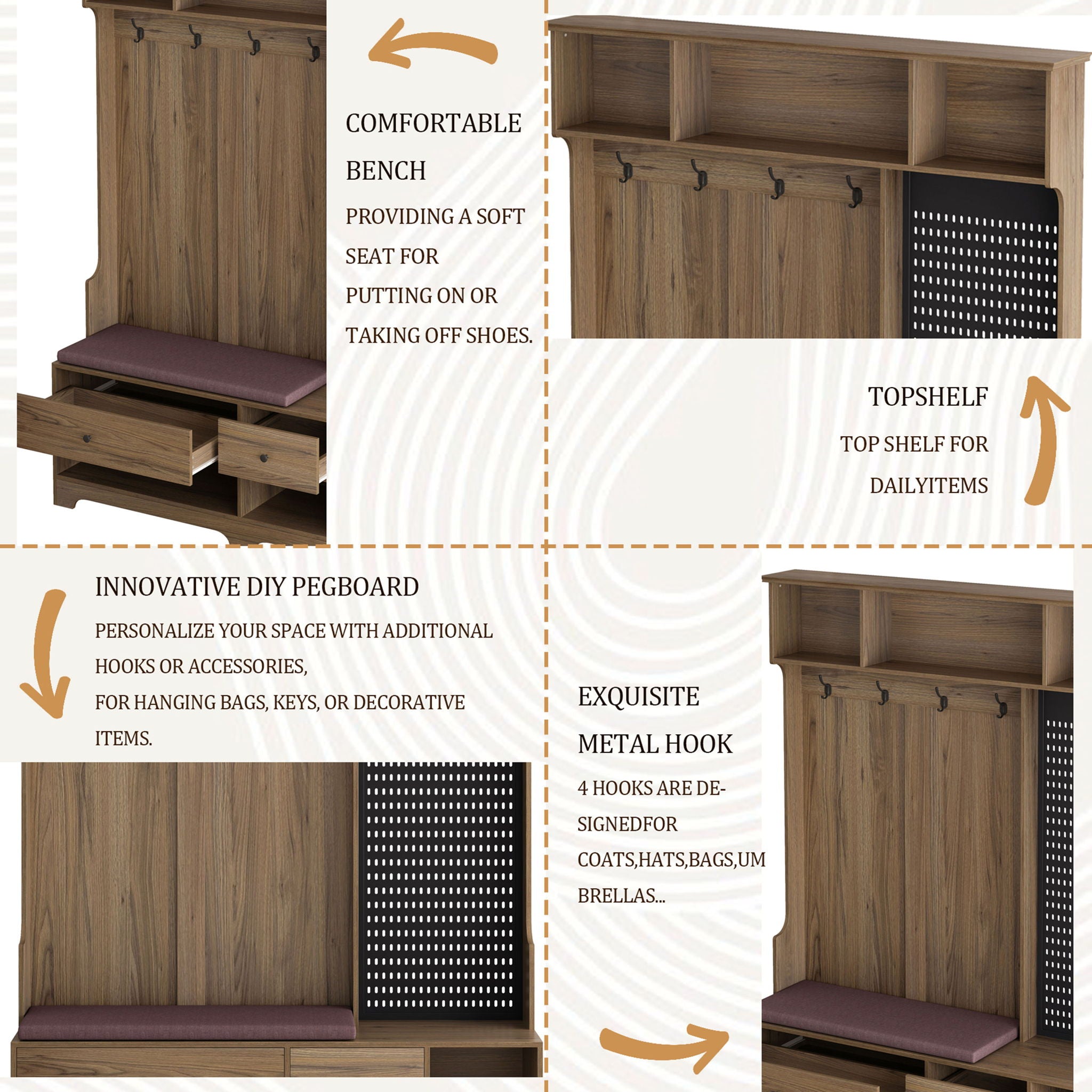 Hallway Hall Tree With Removable Cushion Bench, Coat Rack, Storage Shelves