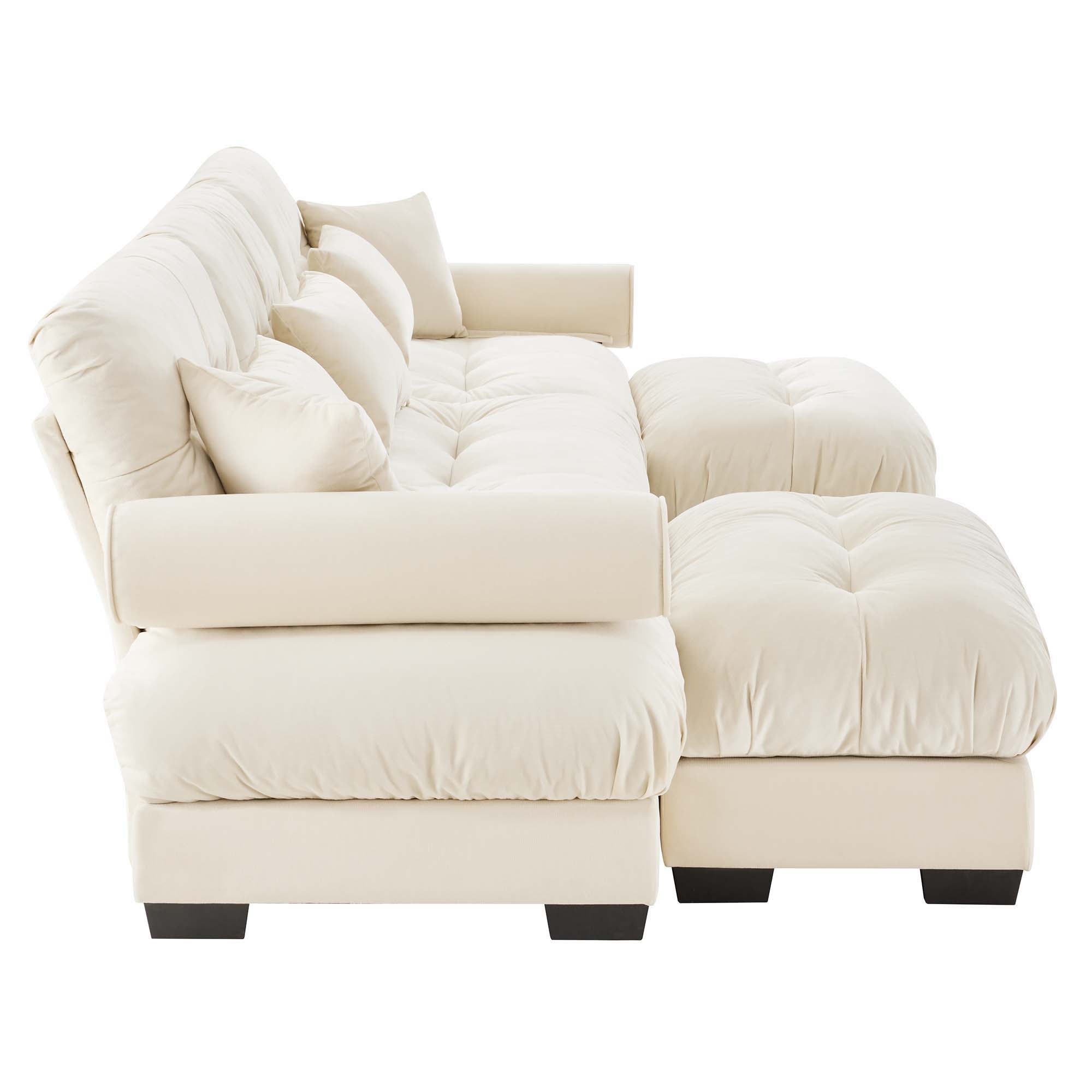 Modern Sectional Sofa With Ottoman, Round Bolster Armrests, Waist And Throw Pillows