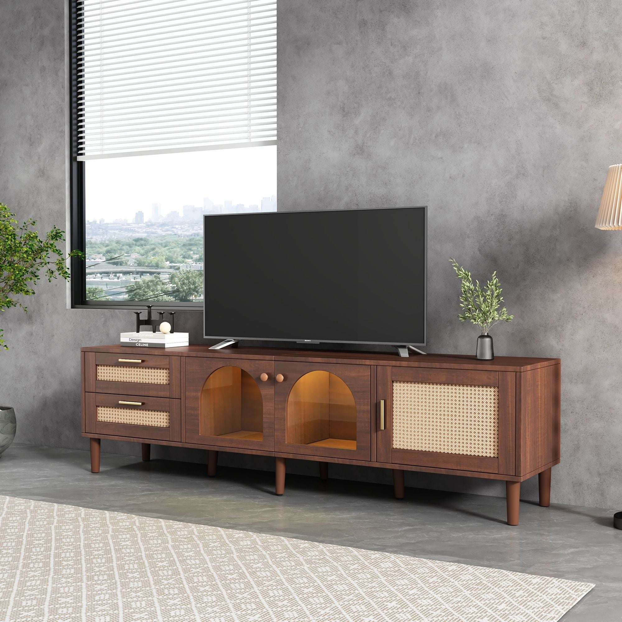 TV Stand With 3 Cabinets & 2 Drawers, LED Light Media Console For TVs Up To 80" - Dark Brown
