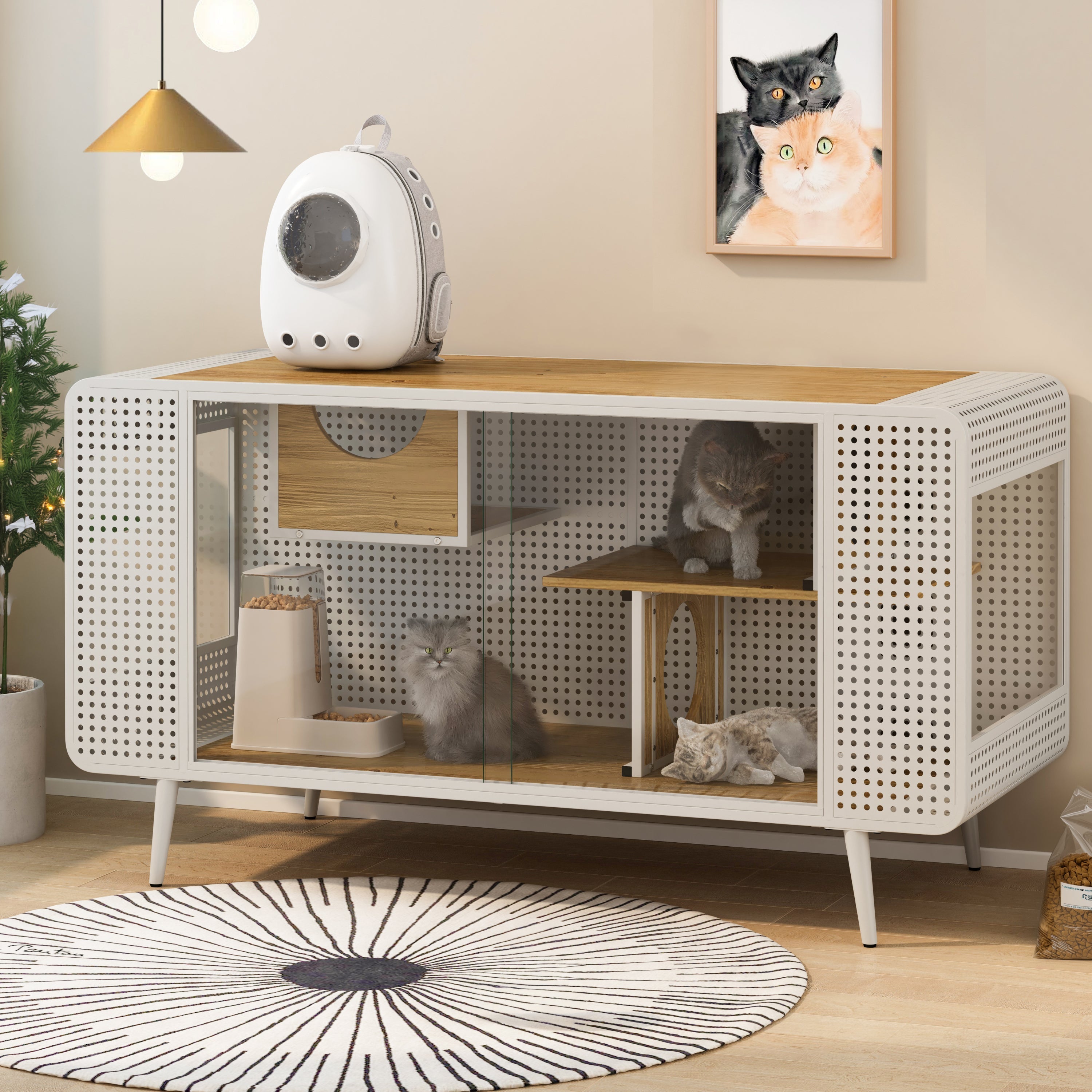 55.12' Spacious Cat House with Tempered Glass (White)