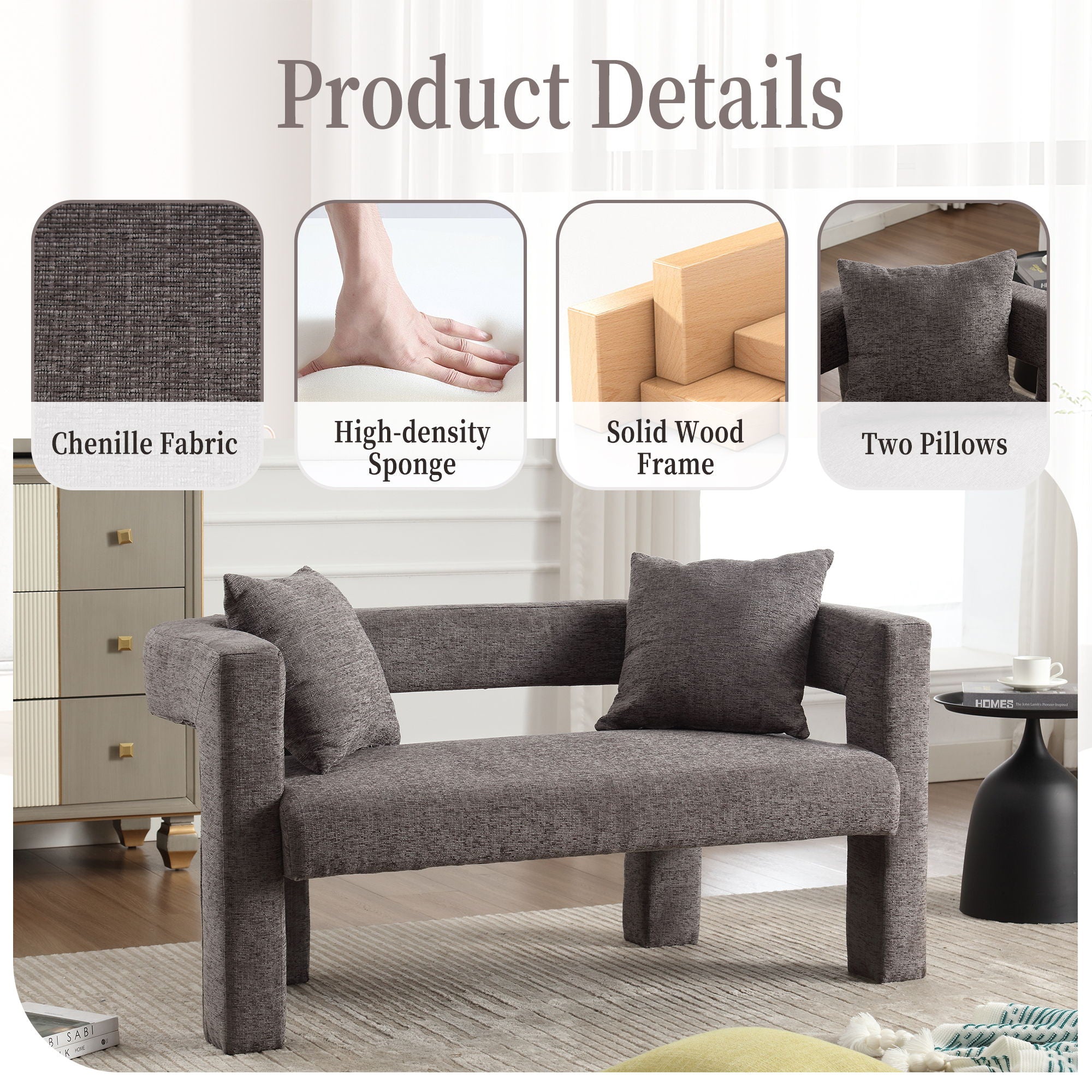 Modern Chenille Loveseat Sofa, Comfy Upholstered 2 Seater