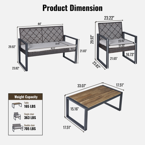 Lume Outdoor Acacia 4-Piece Wicker Sofa Set with Table Brown