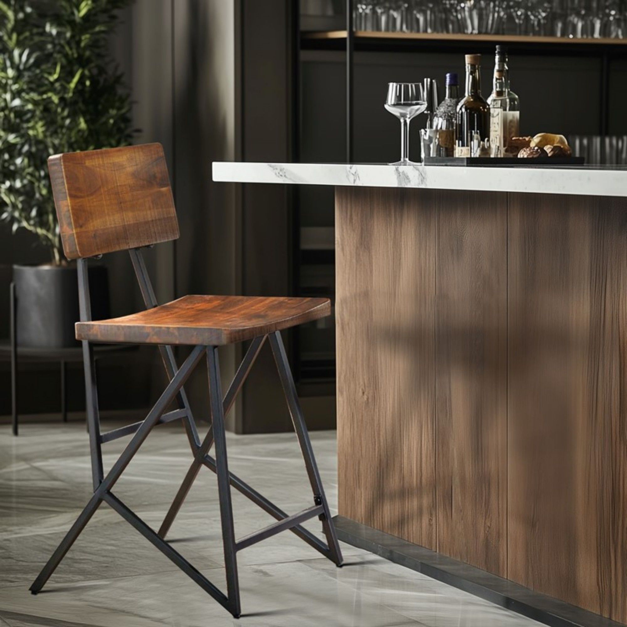 Trestle Counter Stool With Reclaimed - Reclaimed Brown / Gun Metal