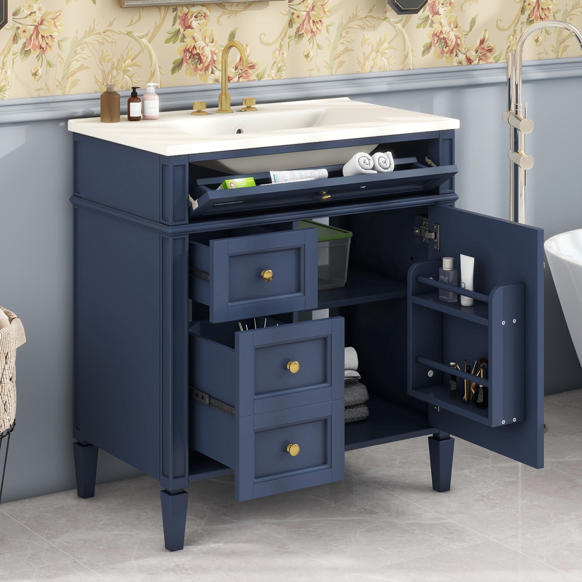 Bathroom Vanity With Top Sink, Storage Cabinet With 2 Drawers, Tip Out Drawer