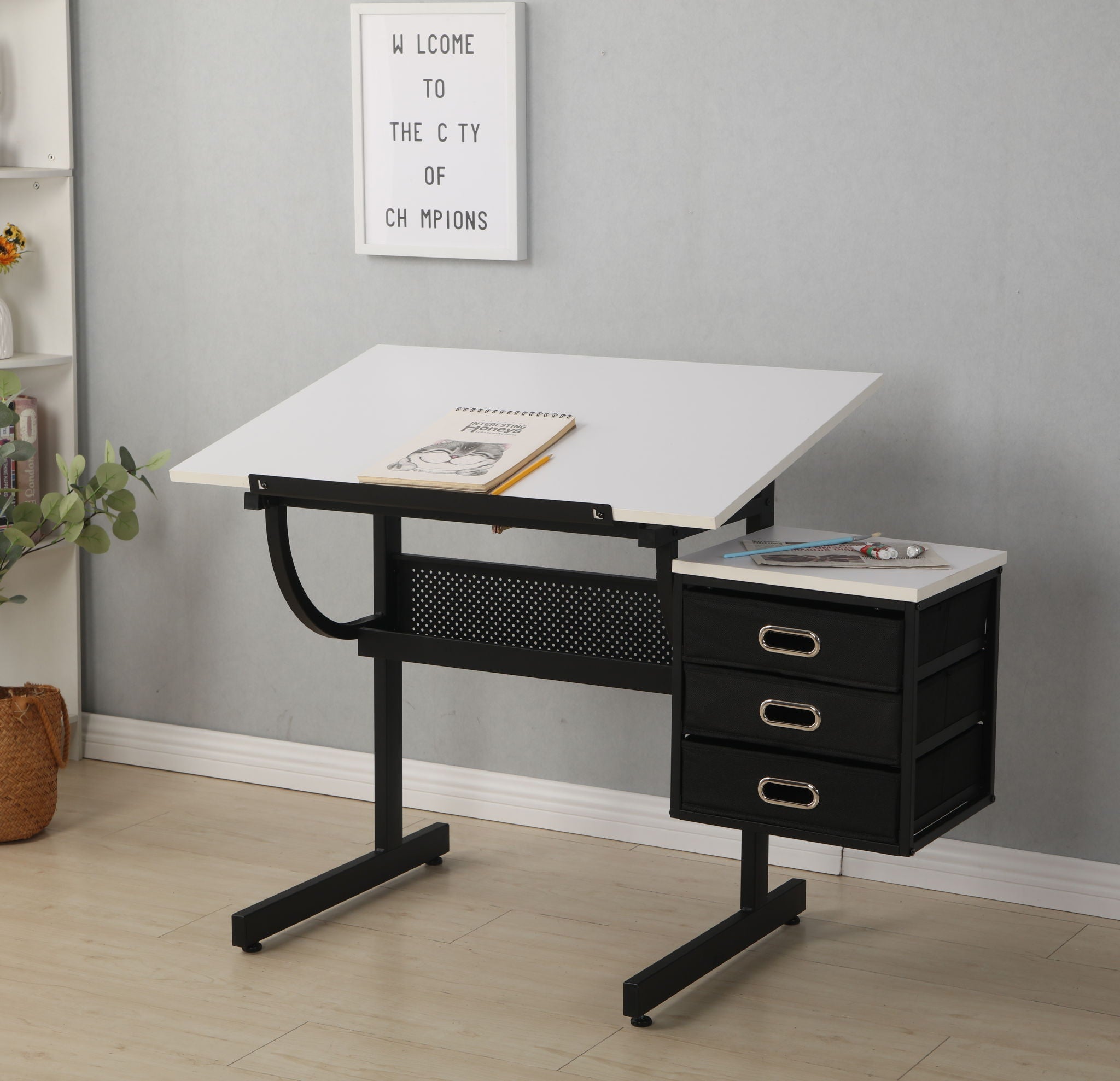 Adjustable Drafting Drawing Table With Stool And 3 Drawers - White / Black - Best Buy Furniture