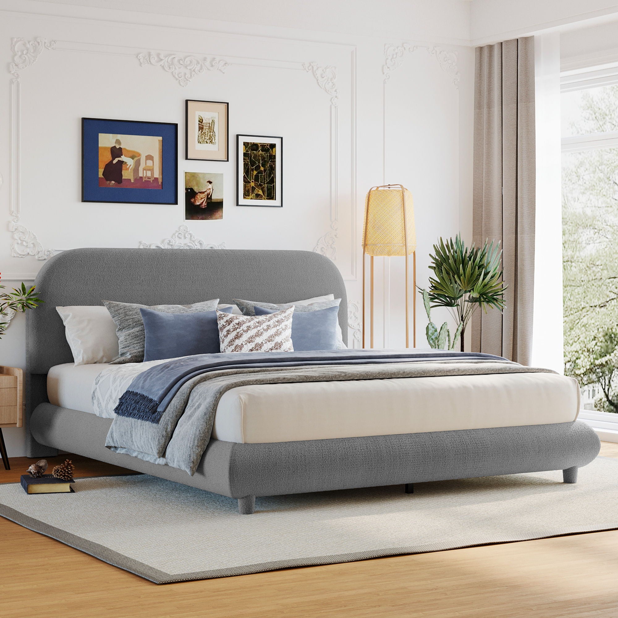 Upholstered Platform Bed With Thick Solid Frame And Stylish Curve-Shaped Design