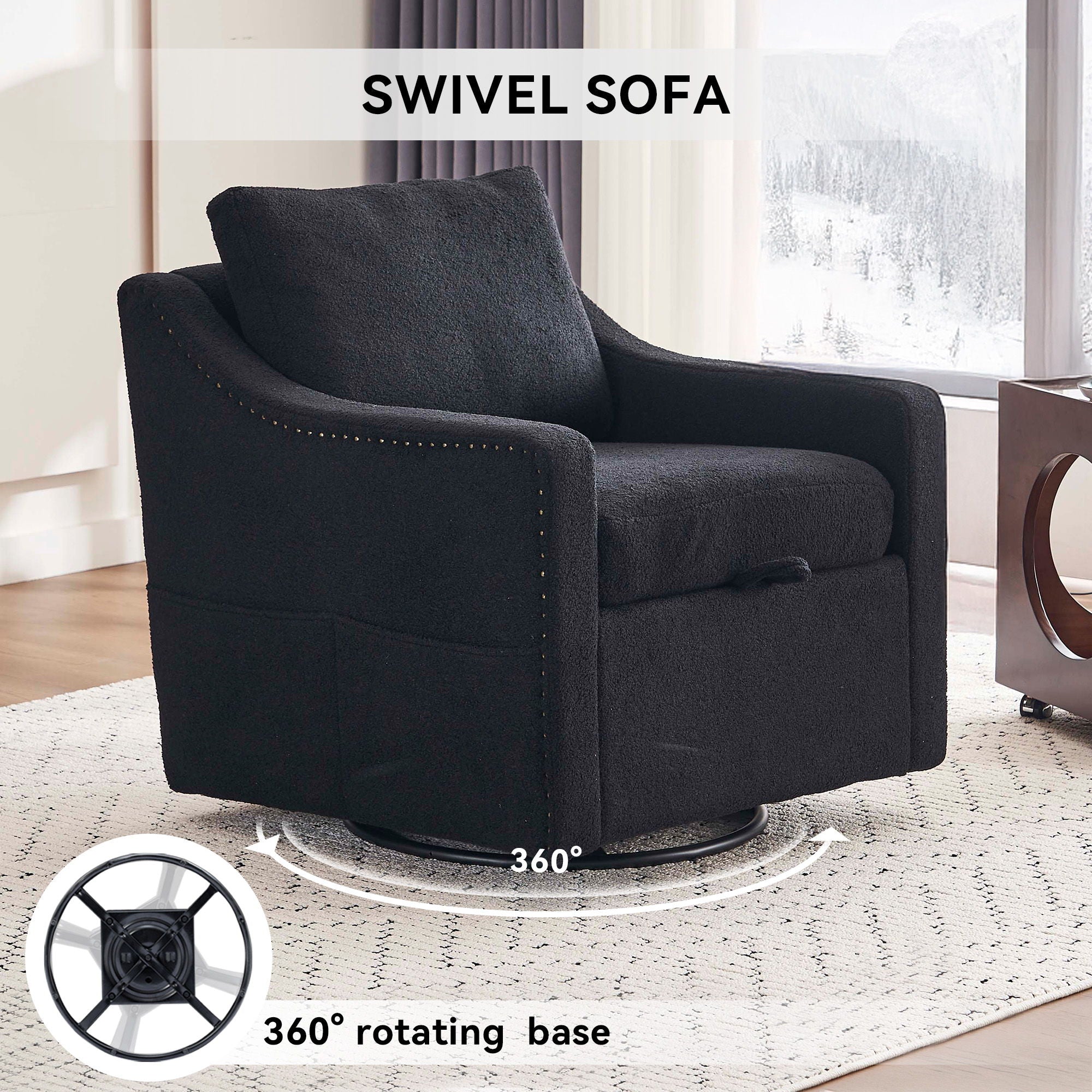 Linen Fabric 360° Swivel Accent Chair With Upholstered Back Pillow And Rivet Armrest
