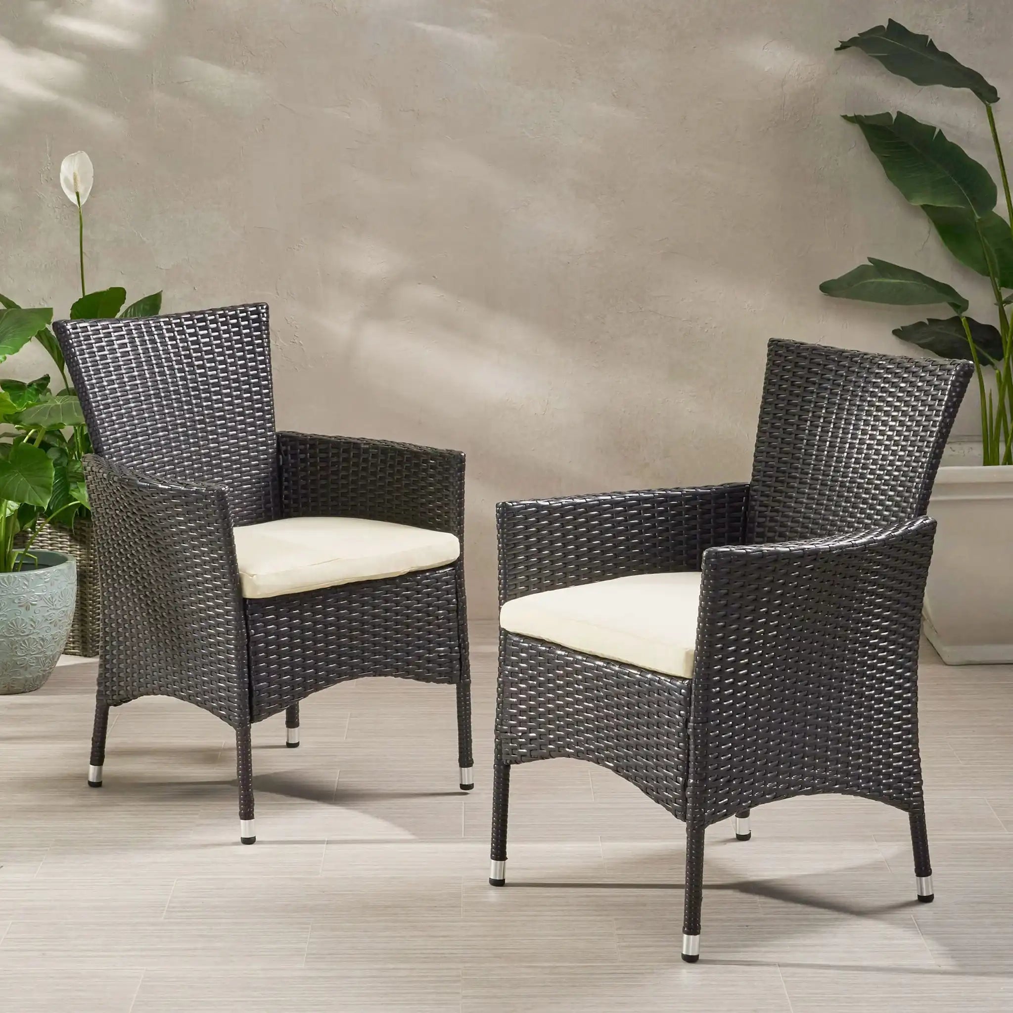 Clementine - Outdoor Wicker Dining Chairs Set With Water Resistant Cushions (Set of 2) - Brown Multi