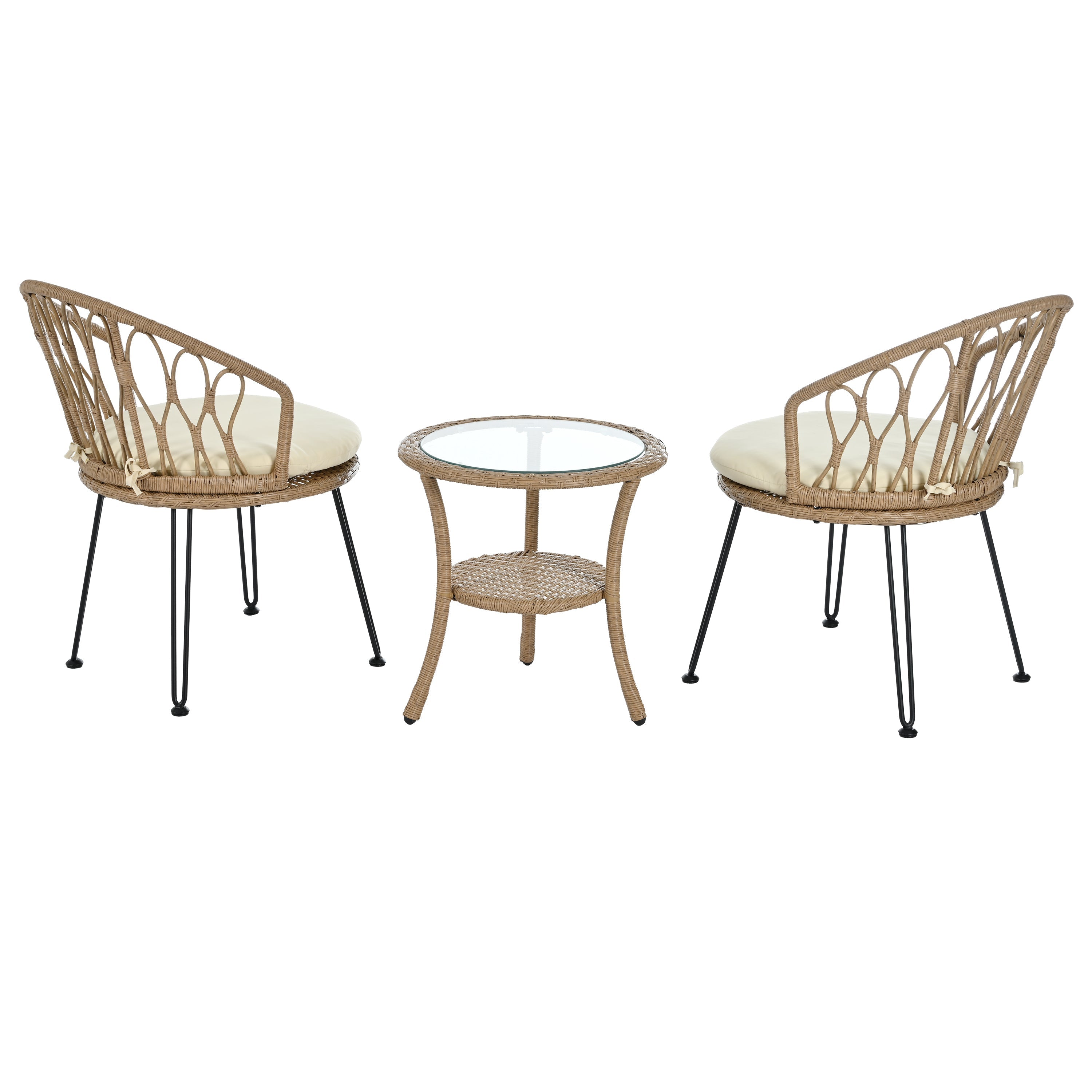 U_STYLE Outdoor Leisure Set, 2 Rattan Single Chairs with Glass Round Table