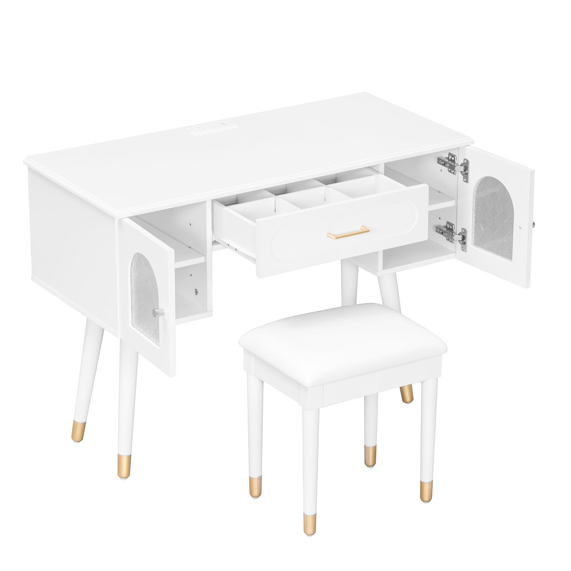 Elegant Vanity Makeup Table & Chair Set Modern Dressing Table With Organizer Writing Desk Charging Port Engineered Wood - White - Best Buy Furniture