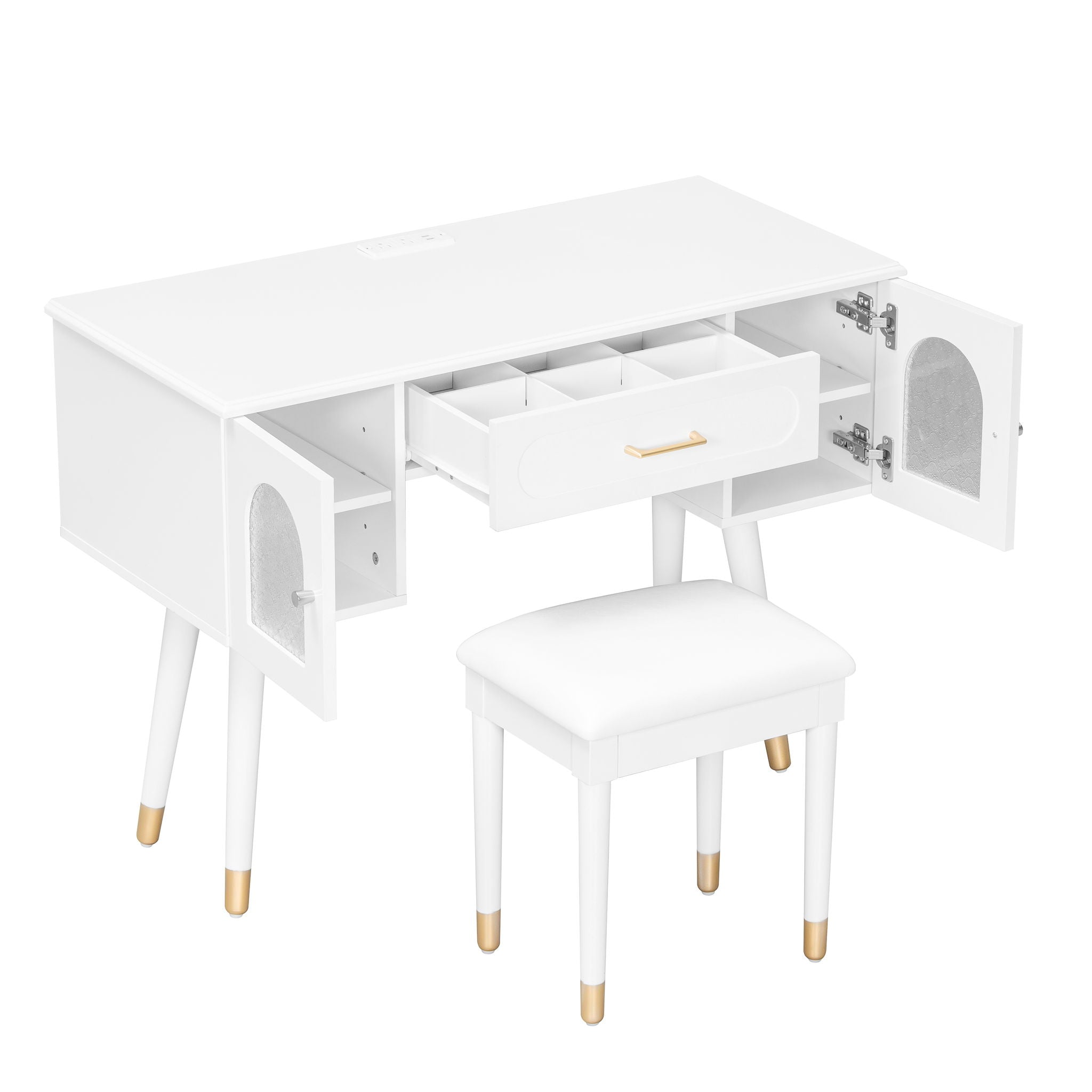 Elegant Vanity Makeup Table & Chair Set Modern Dressing Table With Organizer Writing Desk Charging Port Engineered Wood - White - Best Buy Furniture