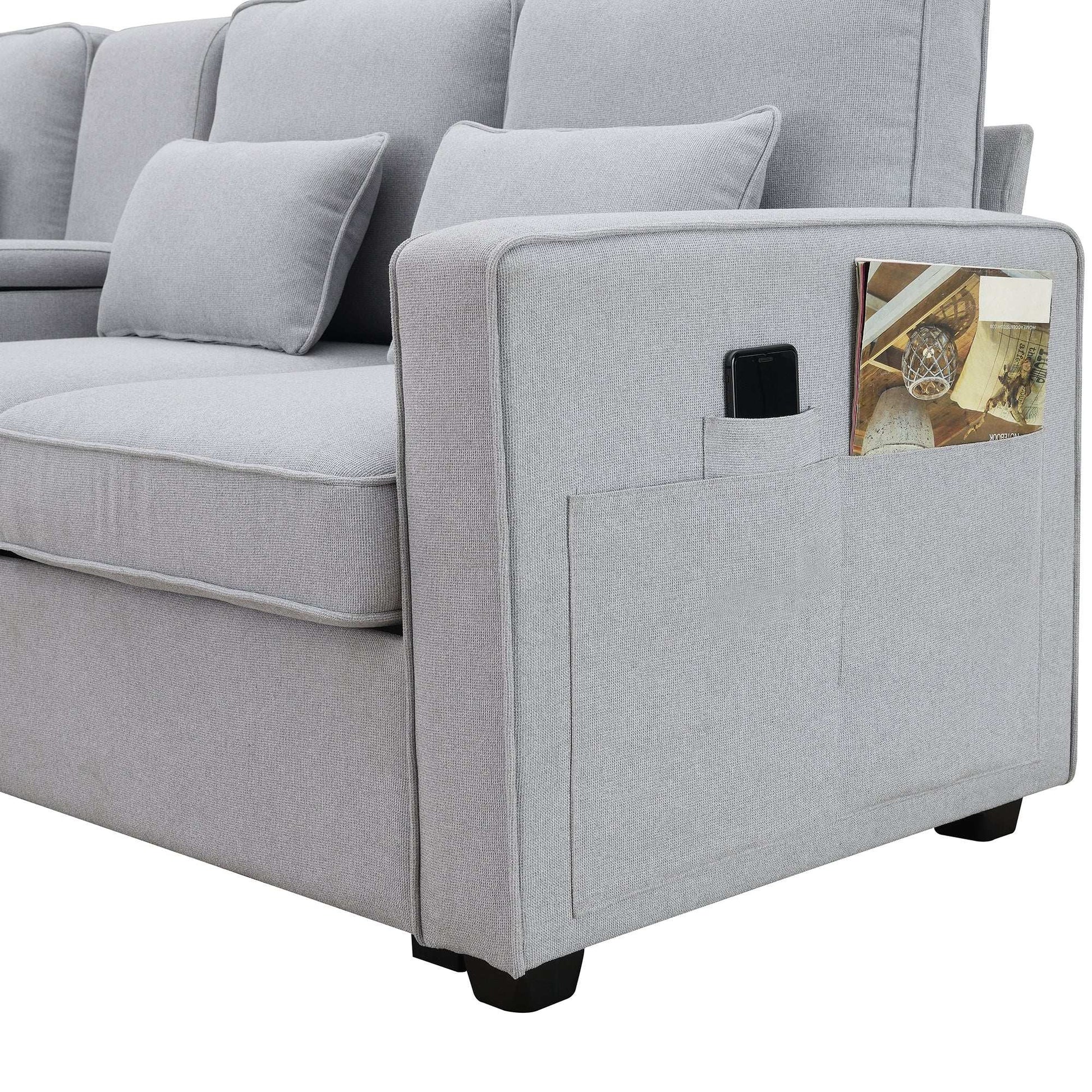 114.2" Modern Upholstered Sofa with Console, 4 Seats, Linen Fabric - Best Buy Furniture