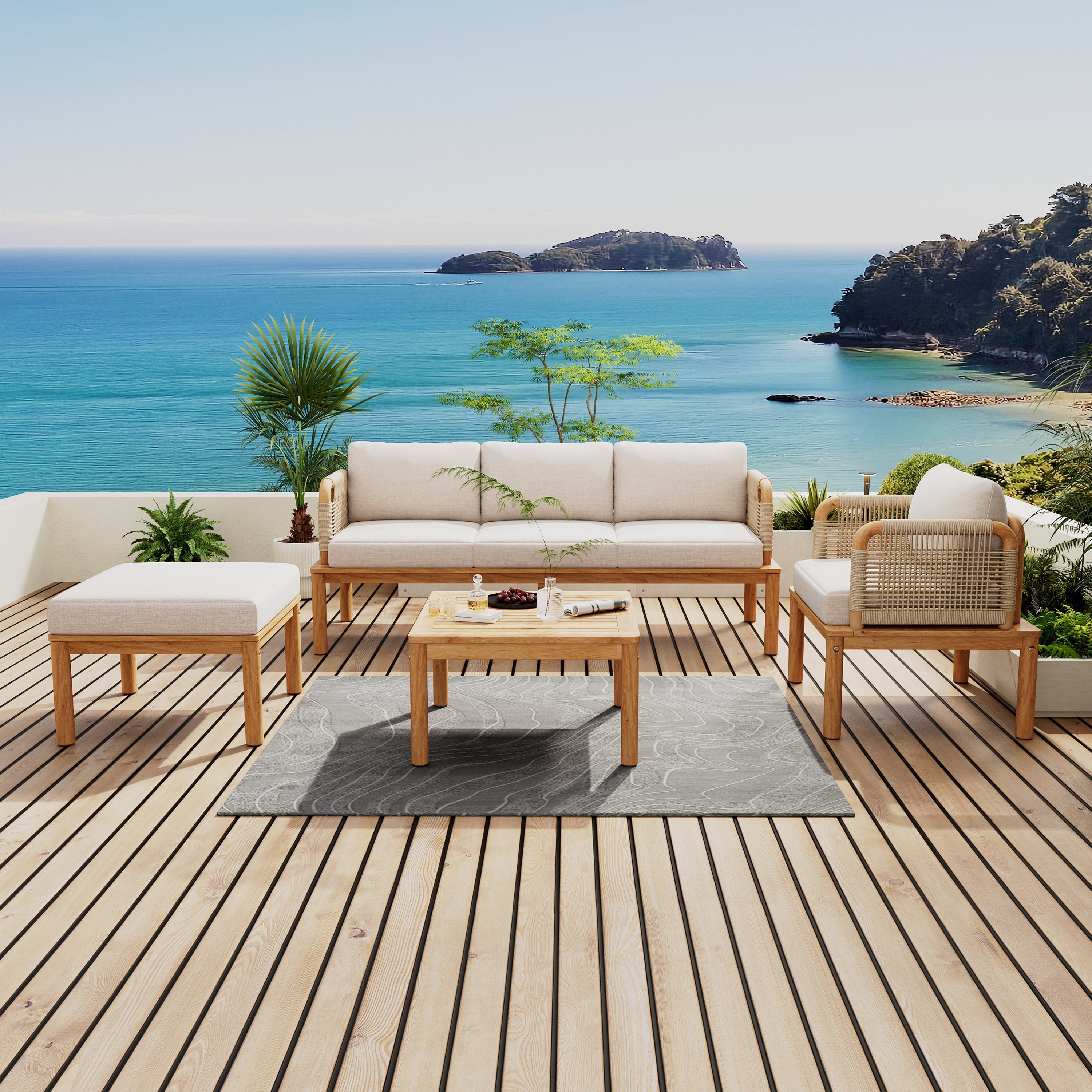 Outdoor 4-piece Acacia Wood and Rope Patio Sofa Set