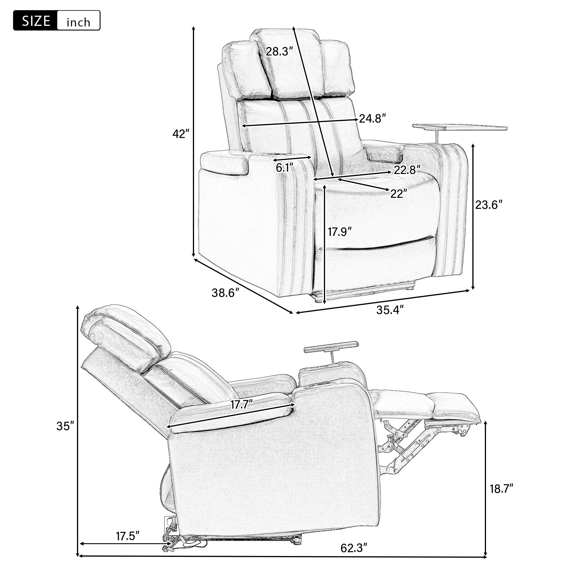Power Recliner Theater Chair With Cooling Cup Holder, Bluetooth Speaker, LED Lights, USB Ports