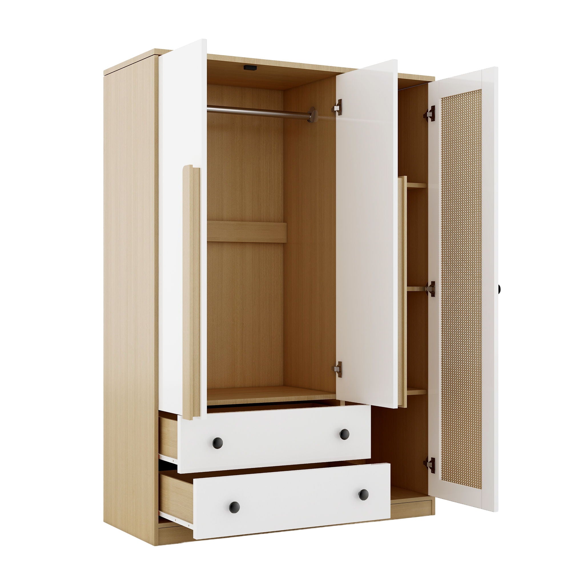 3 Doors Rattan Wardrobe Storage For Bedroom, With 2 Drawers