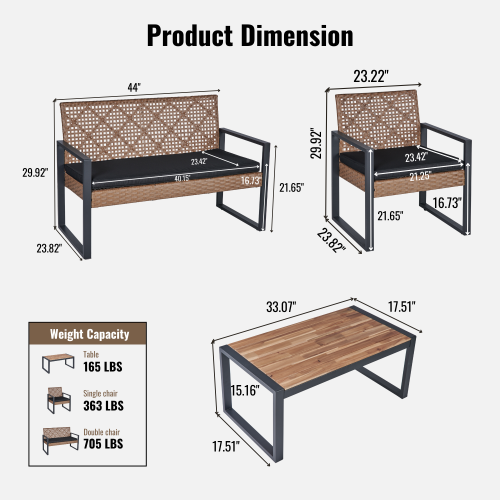 Lume Outdoor Acacia 4-Piece Wicker Sofa Set with Table Light Brown