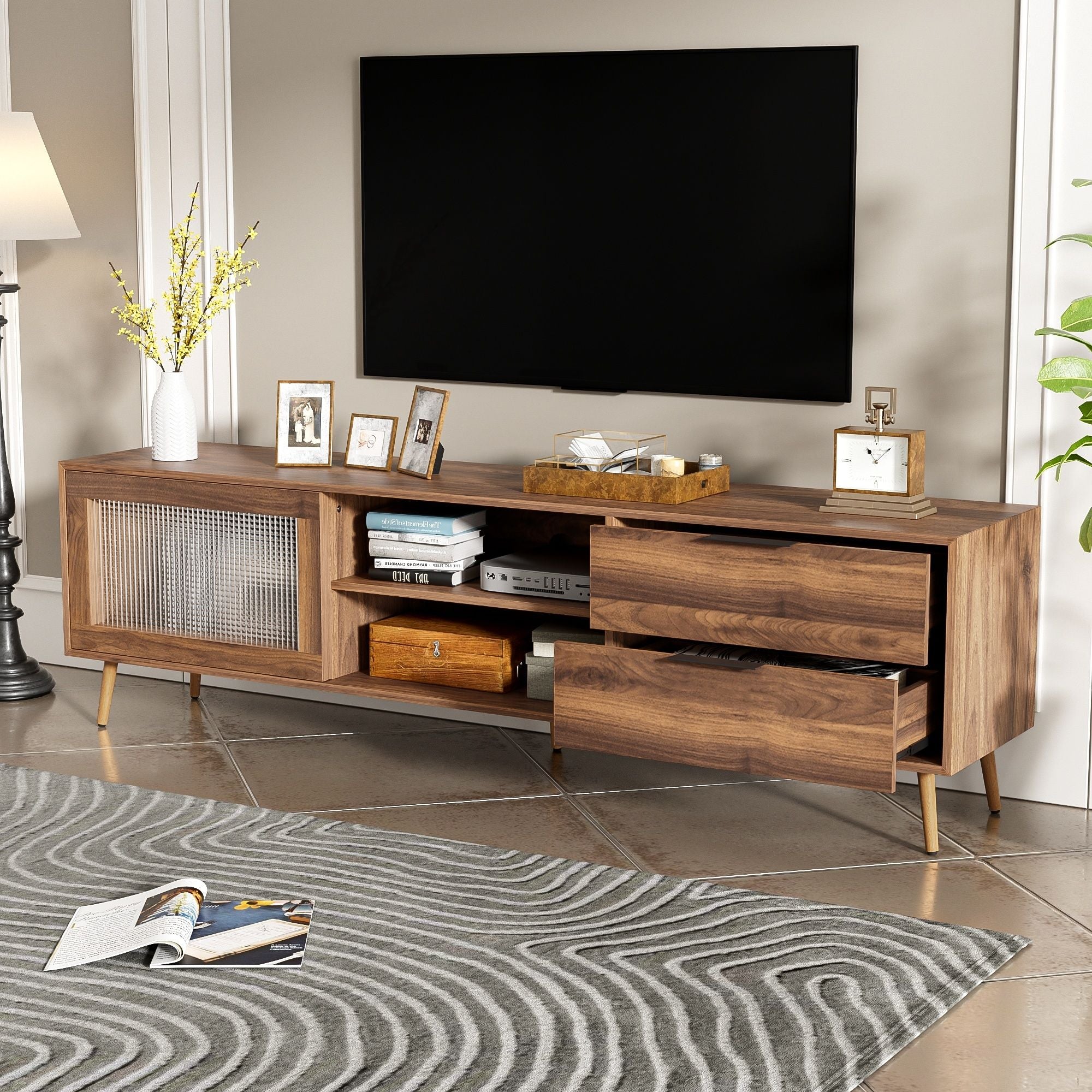 TV Stand, Media Console With 2 Doors, 2 Drawers & Storage Cabinet - Walnut