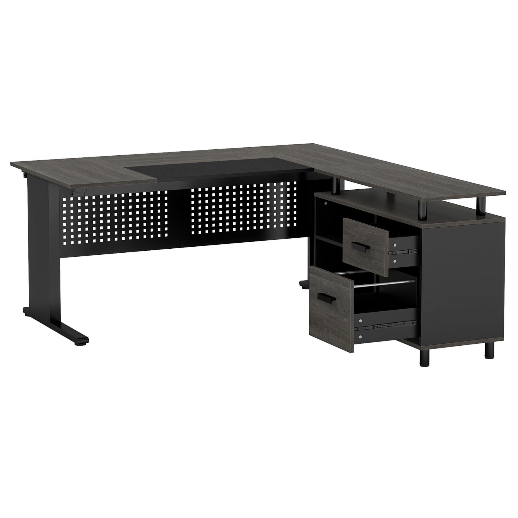 L-Shaped Executive Desk With File Cabinet , Office Workstation With Drawers, Shelves & Storage