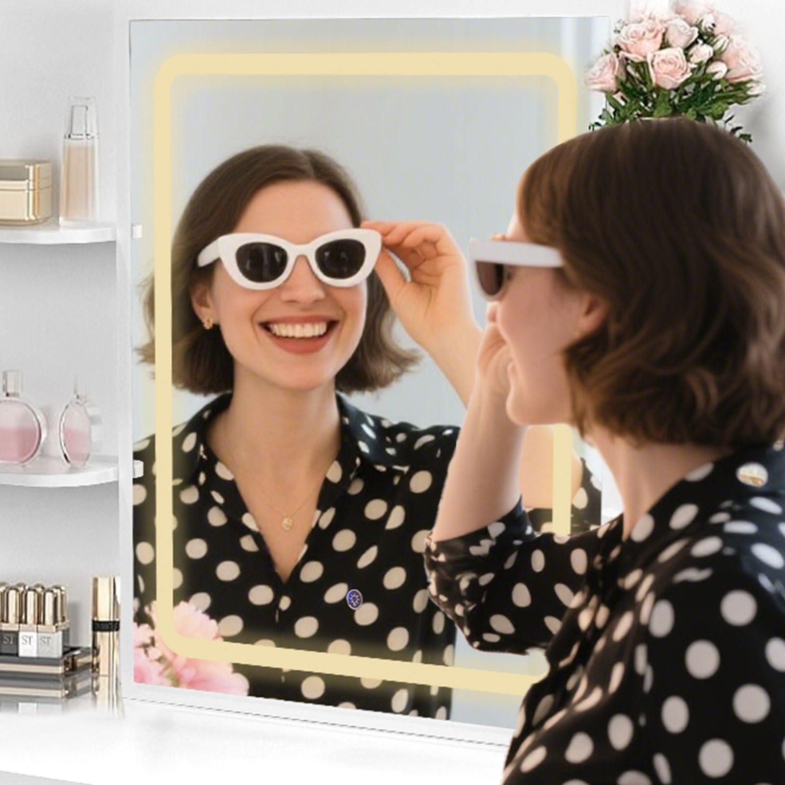 Vanity Desk With Mirror And LED Lights 3 Lighting Modes And Power Outlet 2 Spacious Drawers And Stool - White - Best Buy Furniture