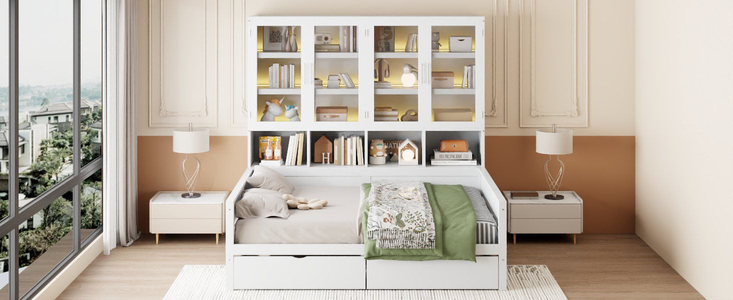 Daybed With Glass Door Storage Cabinets, Built In LED Lighting And Shelves