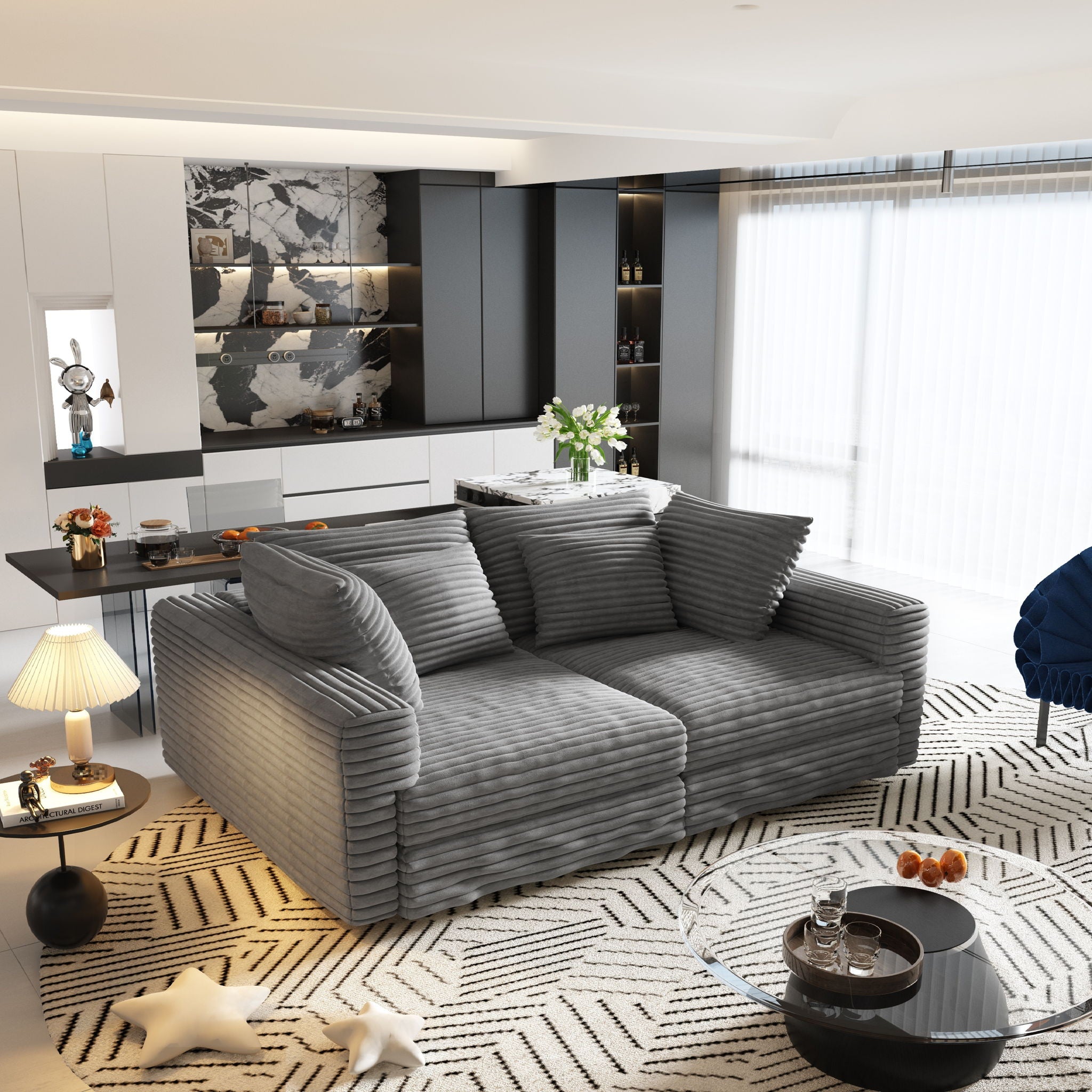 Deep Seat Convertible Sofa With Soft Pillows And Ottomans