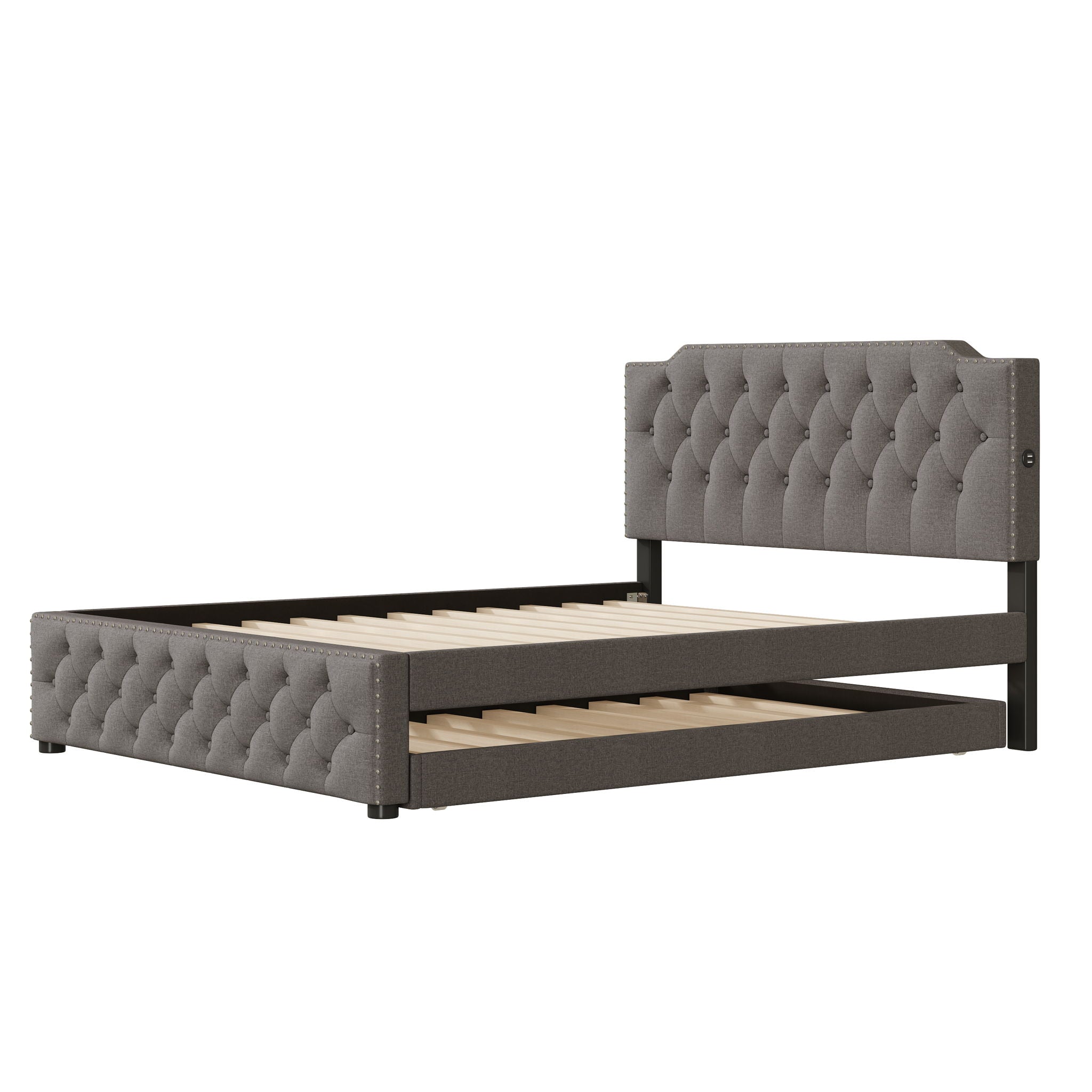 Upholstered Platform Bed With Trundle And 2 Sets Of USB Ports On Each Side, Linen Fabric