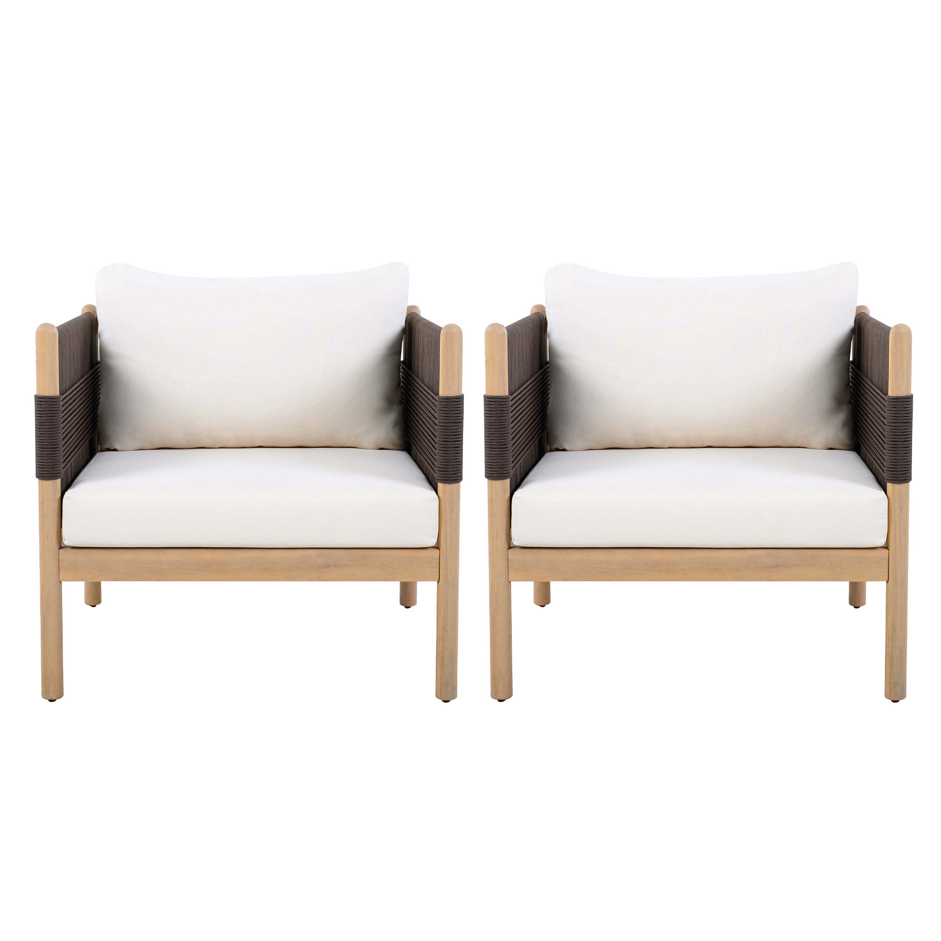 Outdoor Acacia Club Chairs (Set of 2) with Diamond-Pattern Black Rope, Light Teak Finish