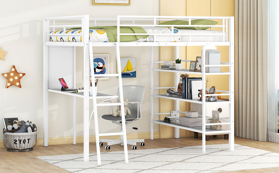Bed With 3 Layers Of Shelves And Desk, Stylish Frame Bed