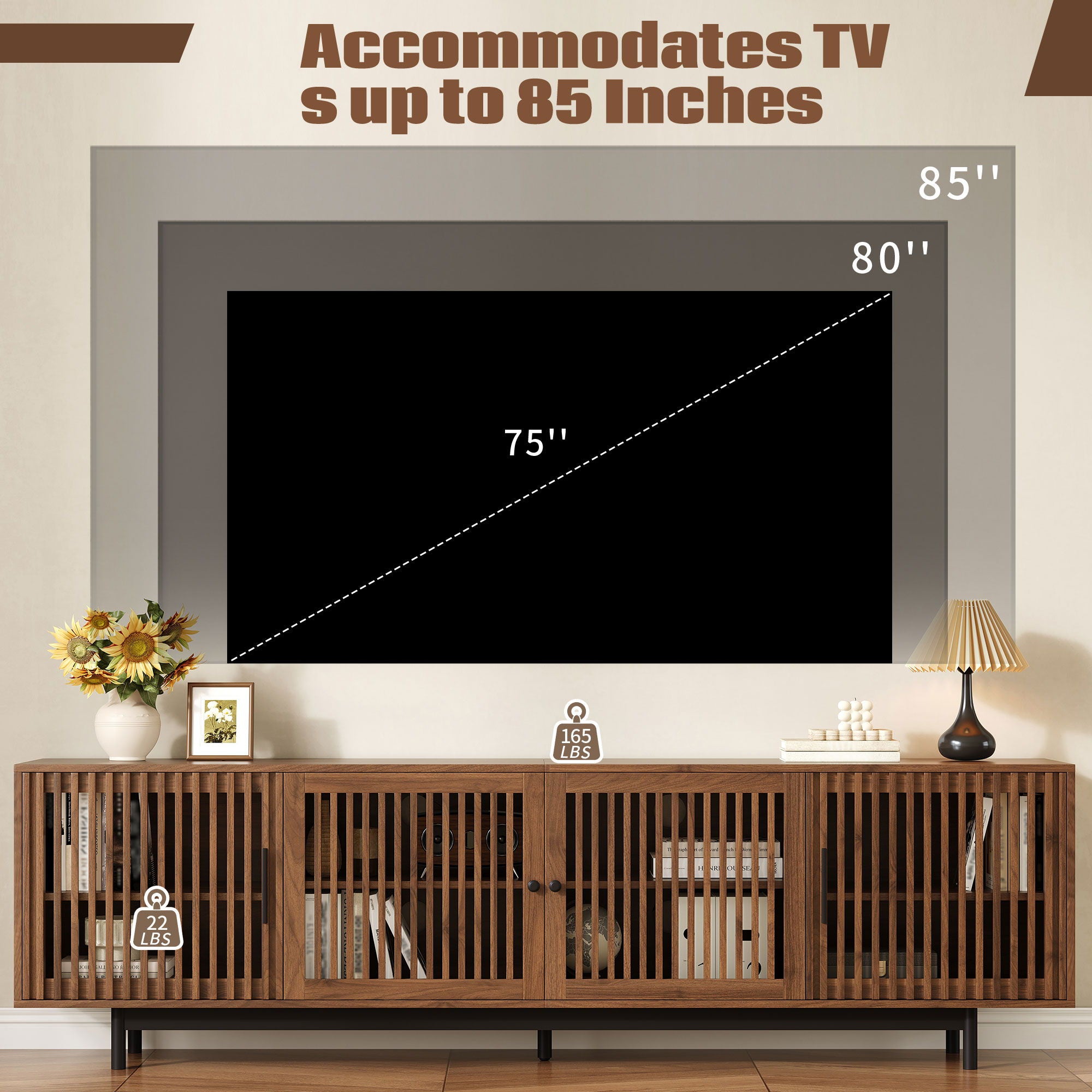 TV Stand For TVs, Entertainment Center With Closed Storage & Cable Management, Soft Closing Hinges - Walnut