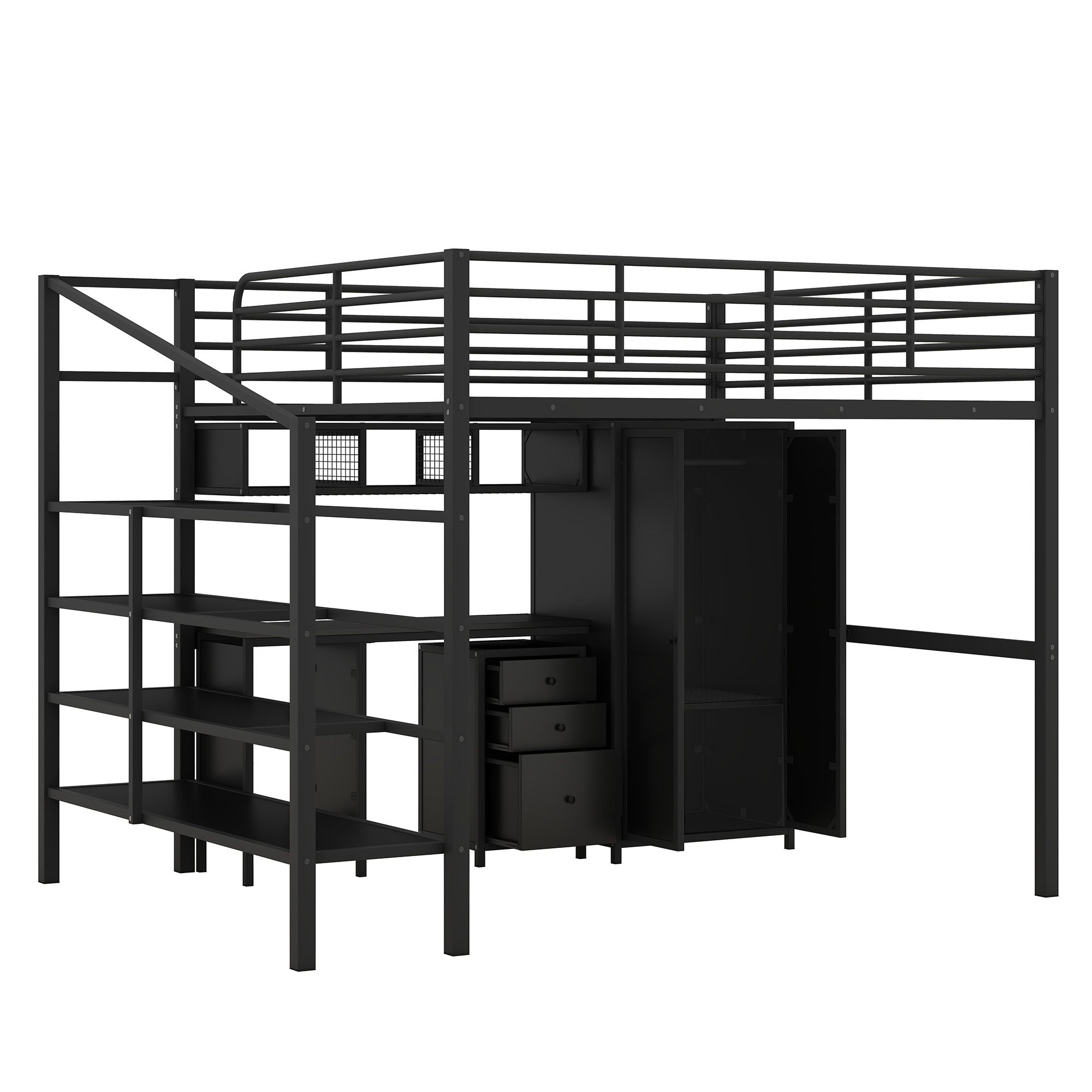 Full Size Loft Bed With Desk Set And Wardrobe - Black