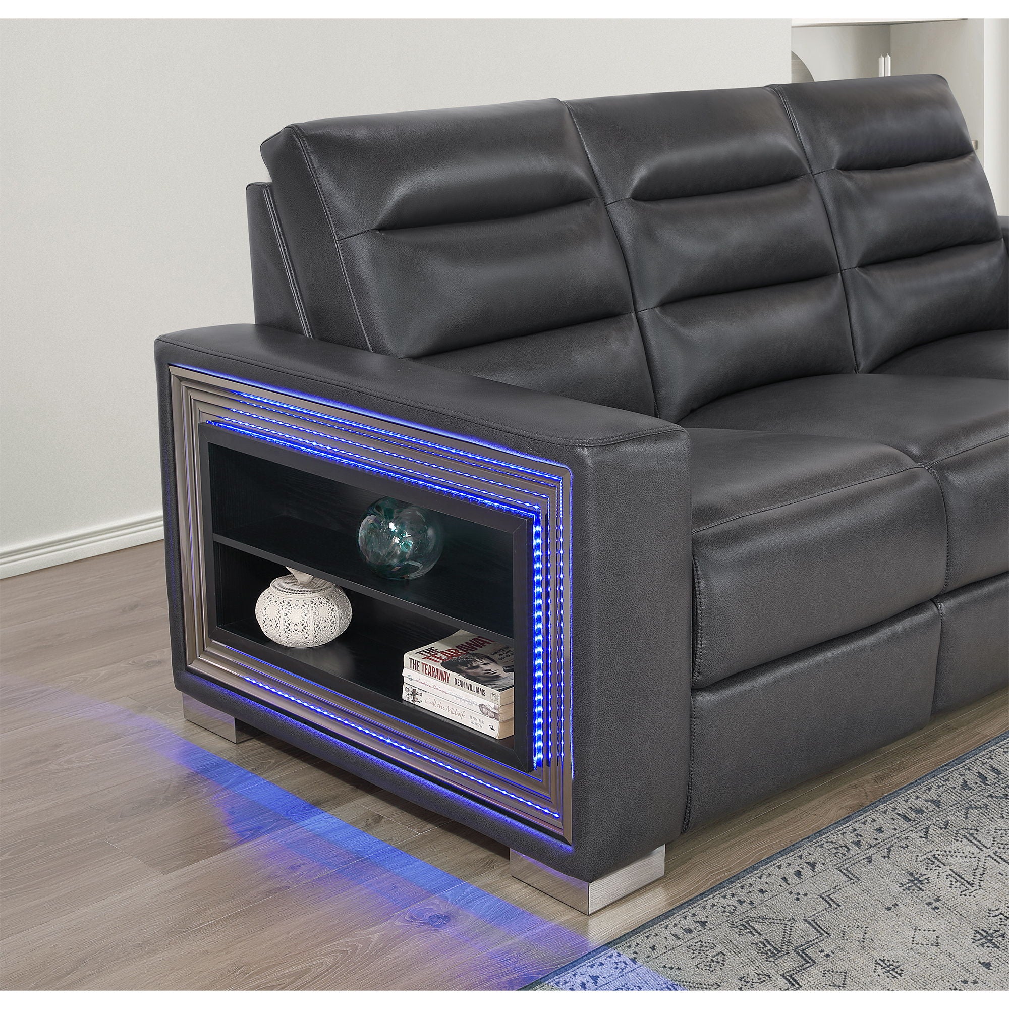 Yamein - Power Reclining Sofa With Bookcase Arms And LED Lights - Charcoal