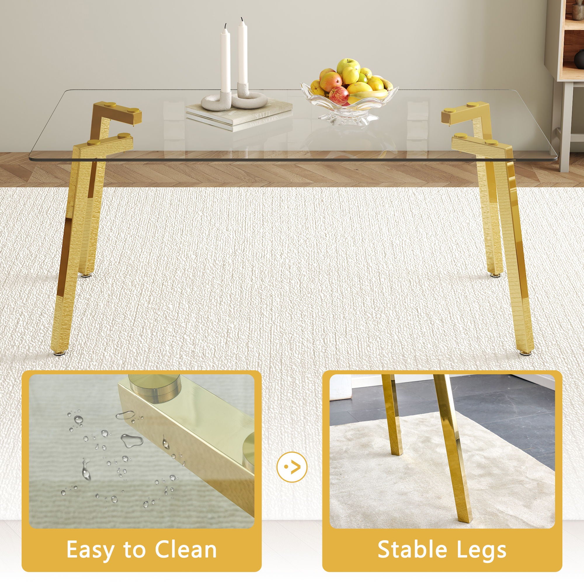 Minimalist Rectangular Dining Table With Transparent Glass Top And Metal Legs