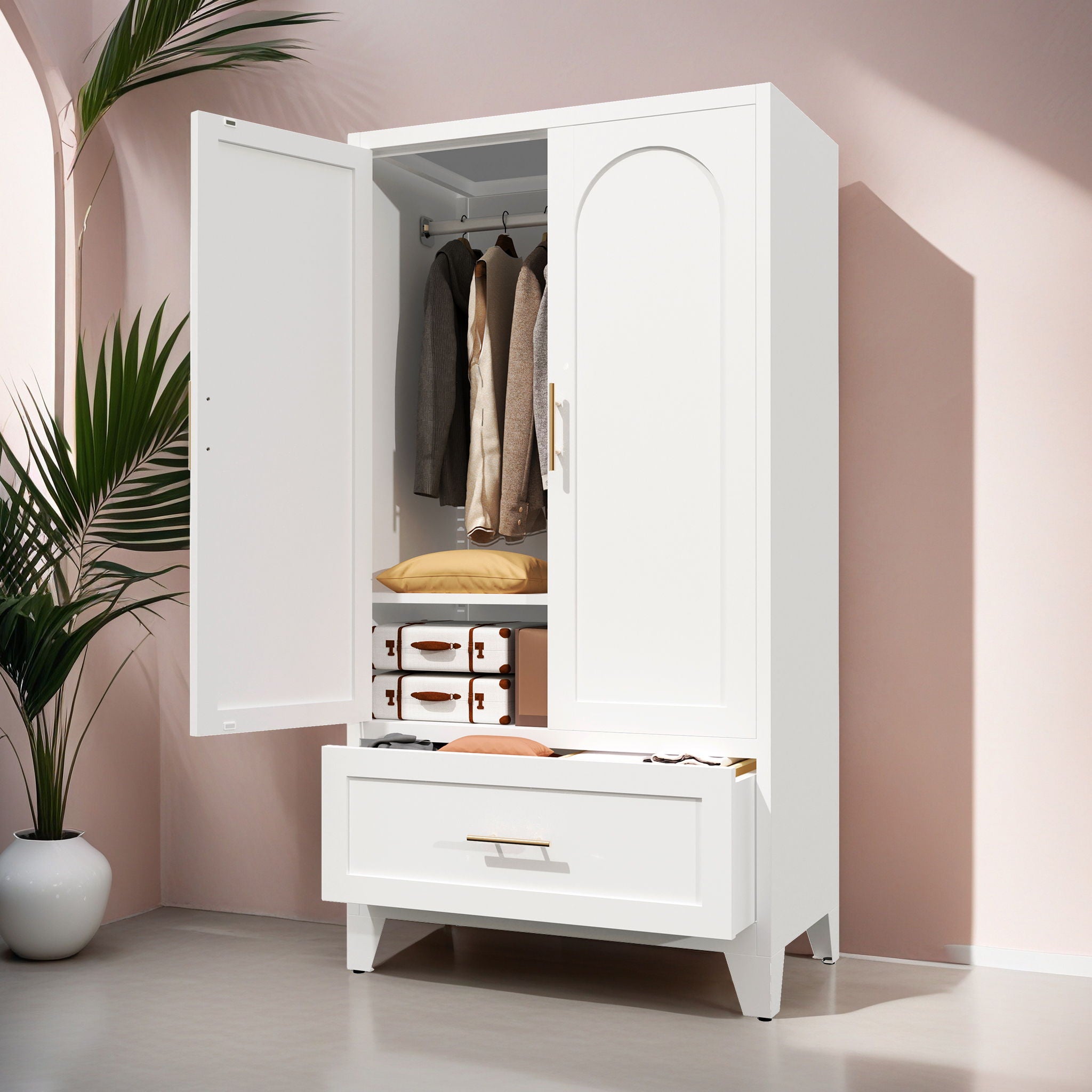 Wardrobe Cabinet With 1 Drawer And Hanging Rod, 2 Doors Closet With Shelf For Bedroom - White