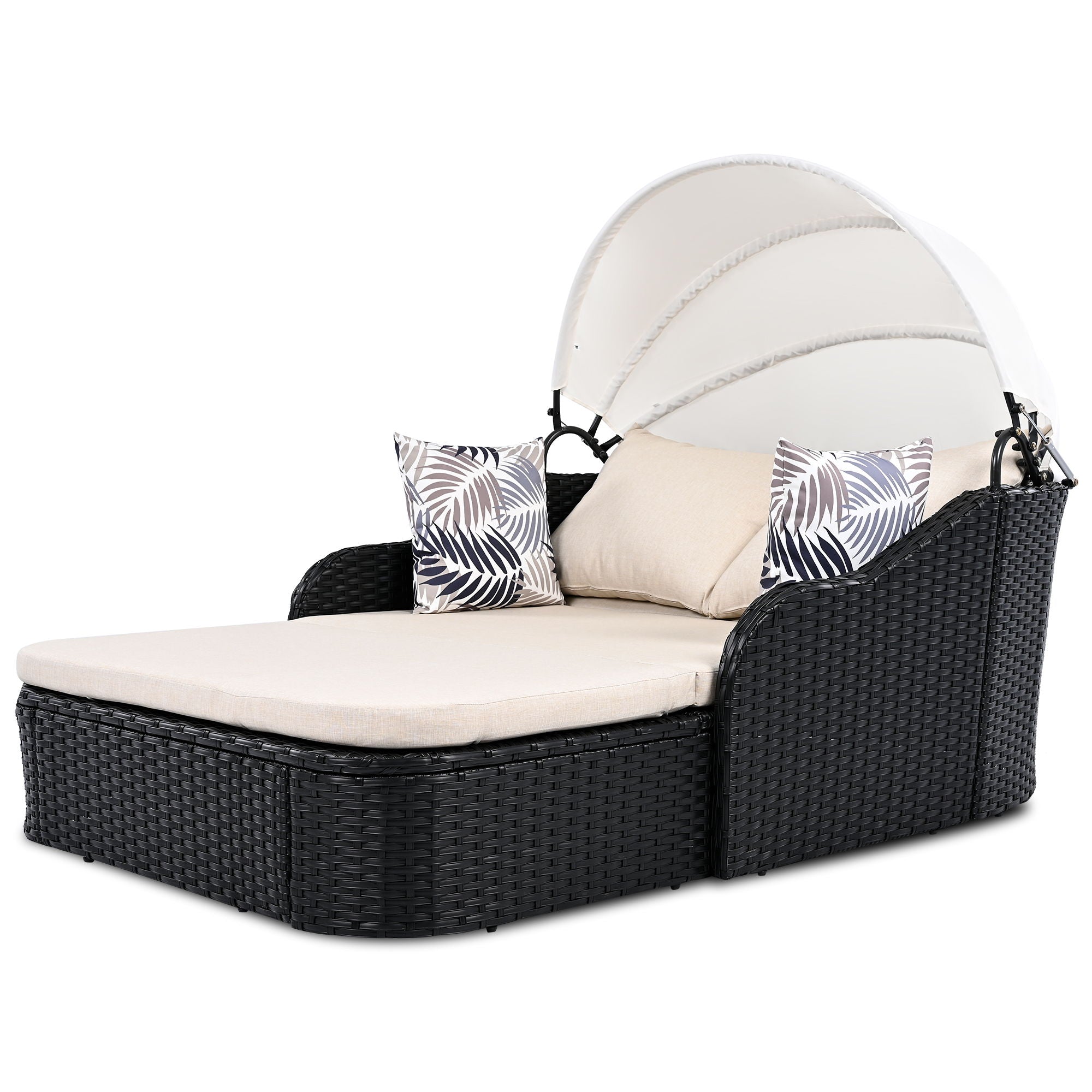 Outdoor Sunbed With Adjustable Canopy, Double Lounge, Daybed - Black / Beige