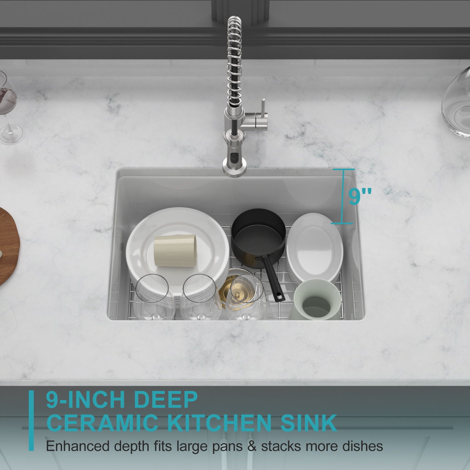 Rectangular Deep Single Bowl Kitchen Sink, Undermount Top Mount Porcela Stainless Steel Grid - White