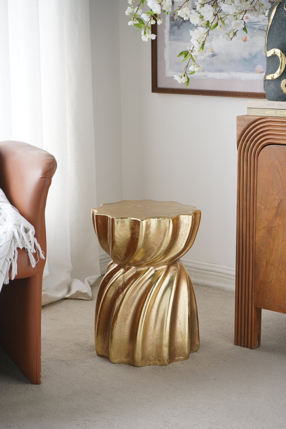 14x14x18.7' Gold Magnesium Accent Stool with Sculptural Swirl Design