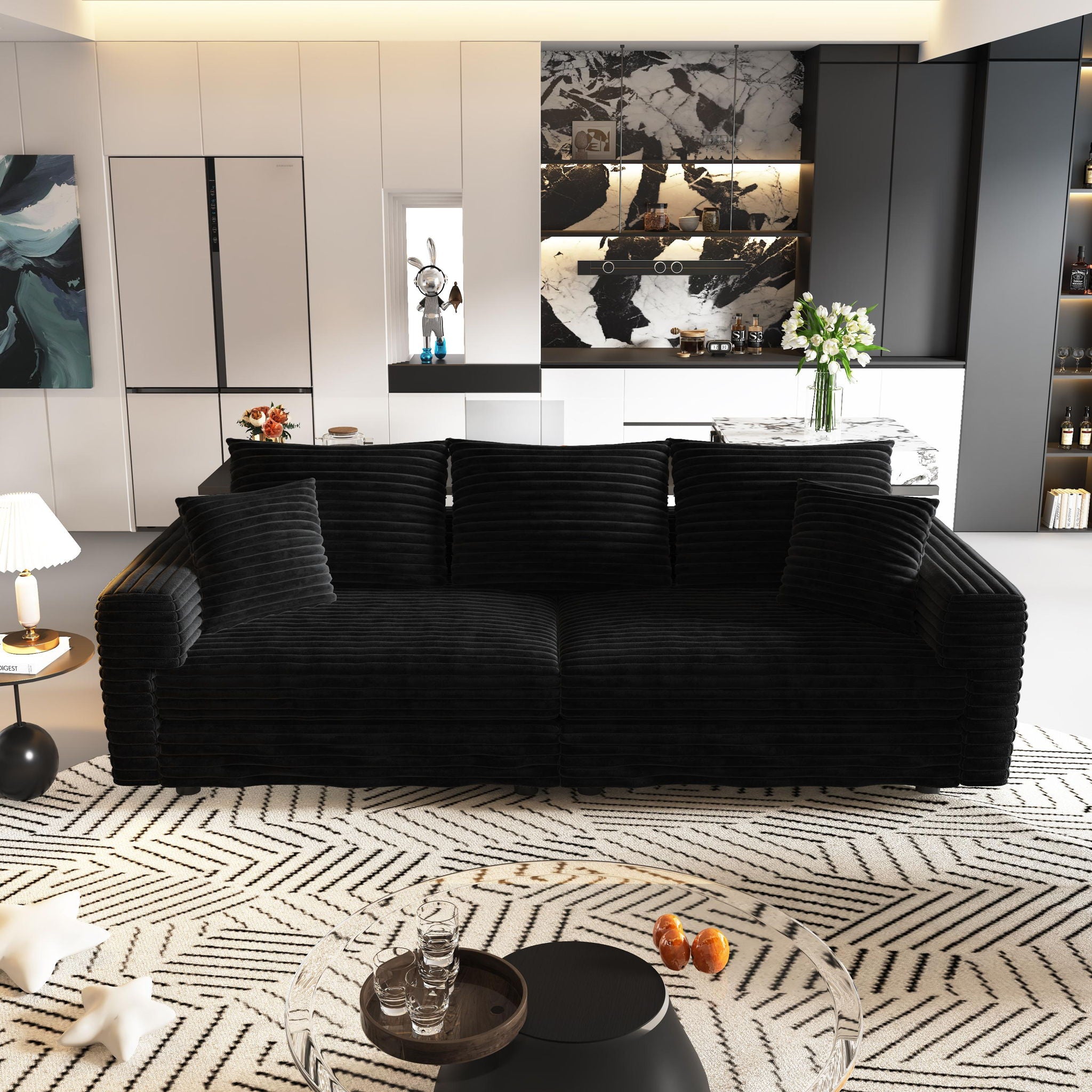 Deep Seat Convertible Sofa With Soft Pillows And Ottomans