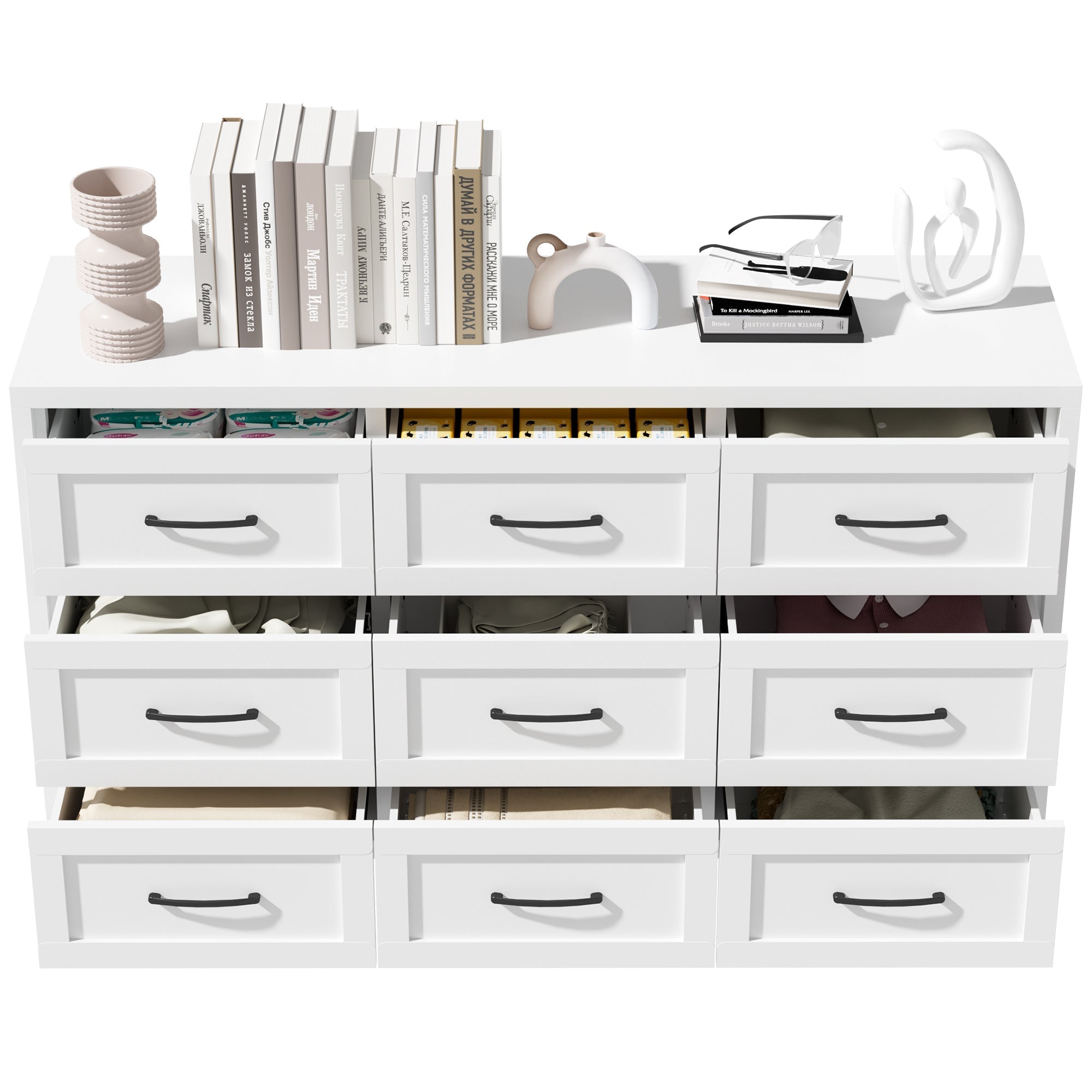 9 Drawer Dresser for Bedroom, Metal Profile Chest of Drawers, White Bedroom Dresser with Storage Drawers for Closet, Hallway, Entryway, Steel Furniture with Quiet-Glide Rails, Easy-Clean & Scratch