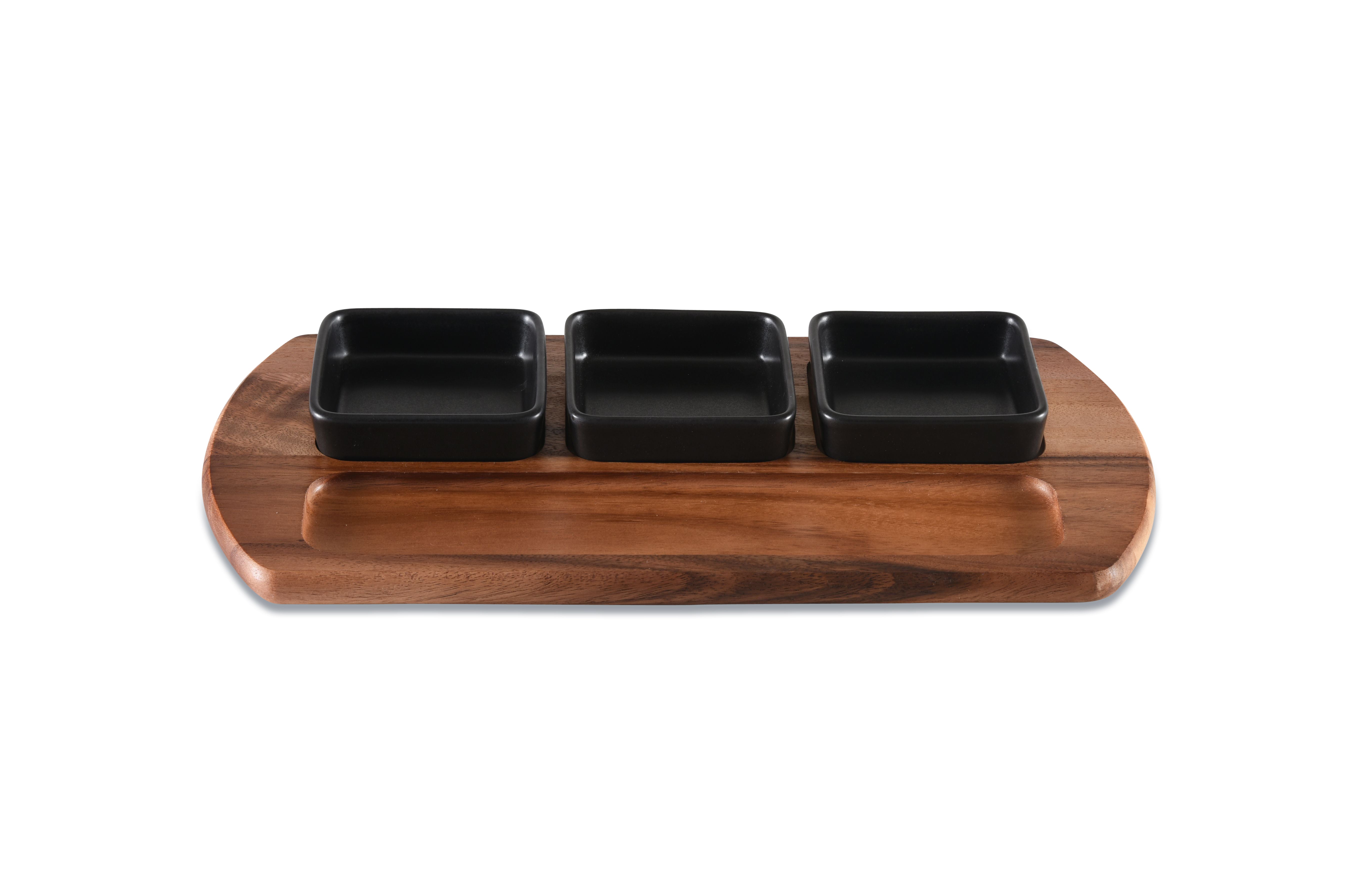 Charcuterie/ Serving Tray w/ 3  black square ceramic bowls