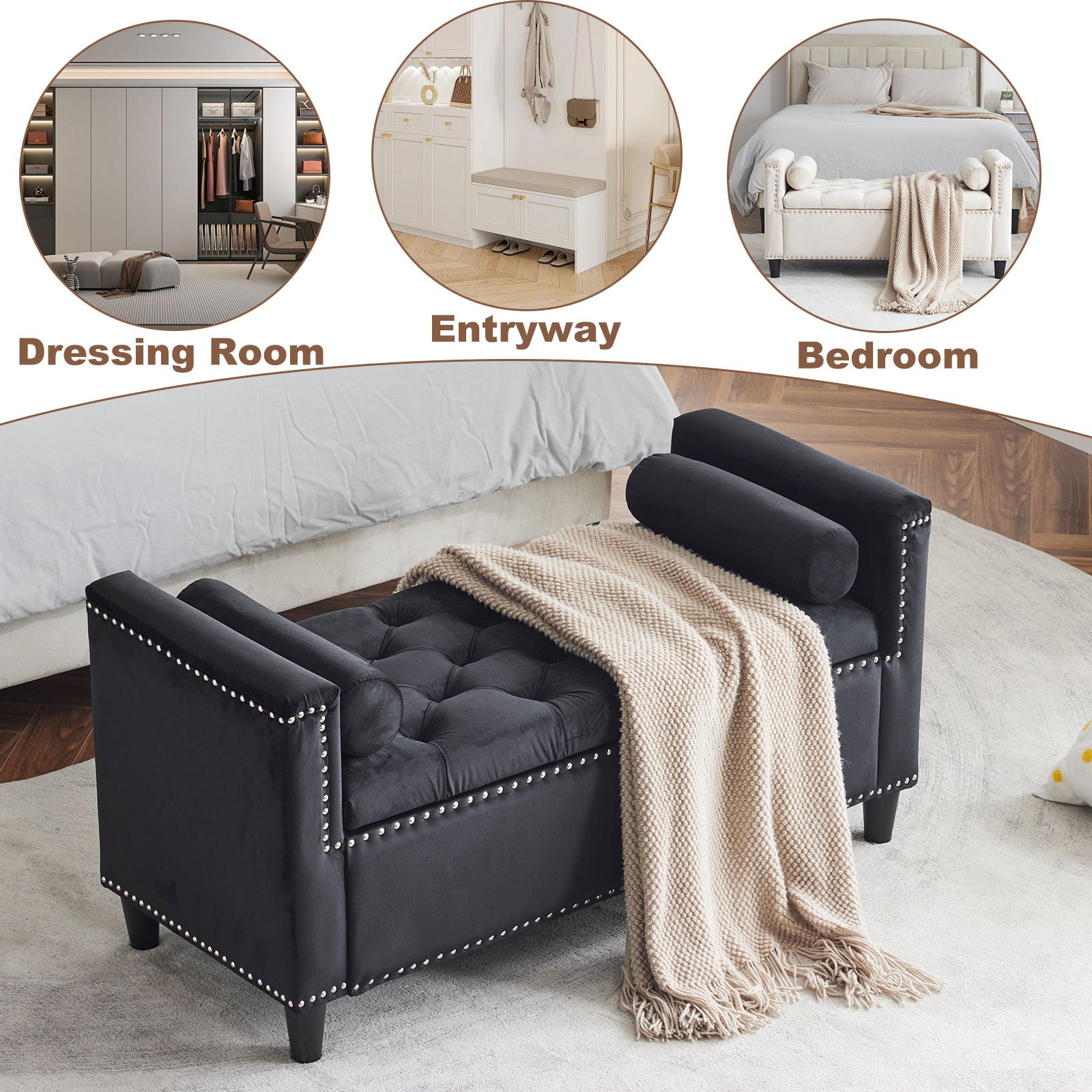 Queen Velvet Button Bedside Storage Bench With Armrests, Nailhead Trim