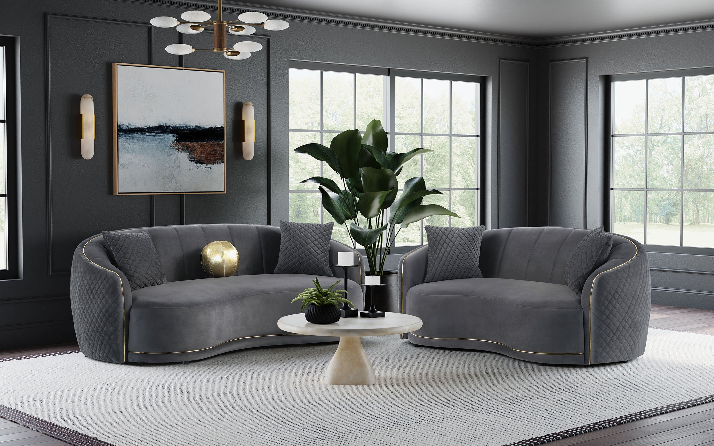 Brookside Velvet Upholstered Curved Sofa Dark Grey-