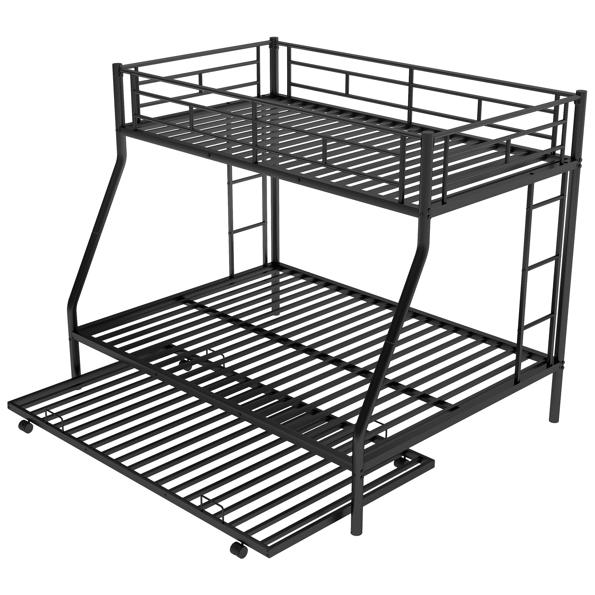 Bunk Bed With Steel Frame And Trundle, 2 Side Ladders