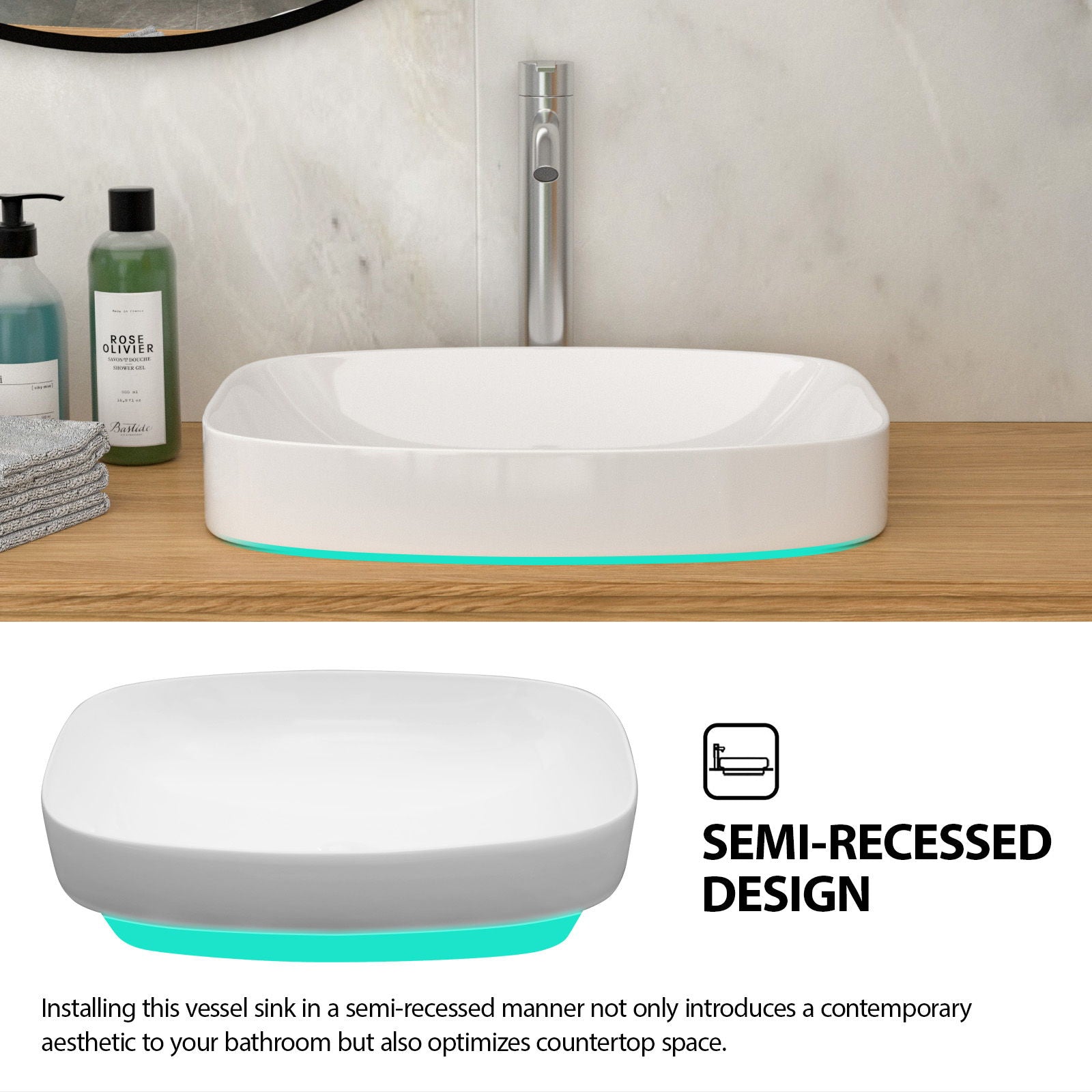Modern Semi Recessed Ceramic Bathroom Sink With Vessel Design - White
